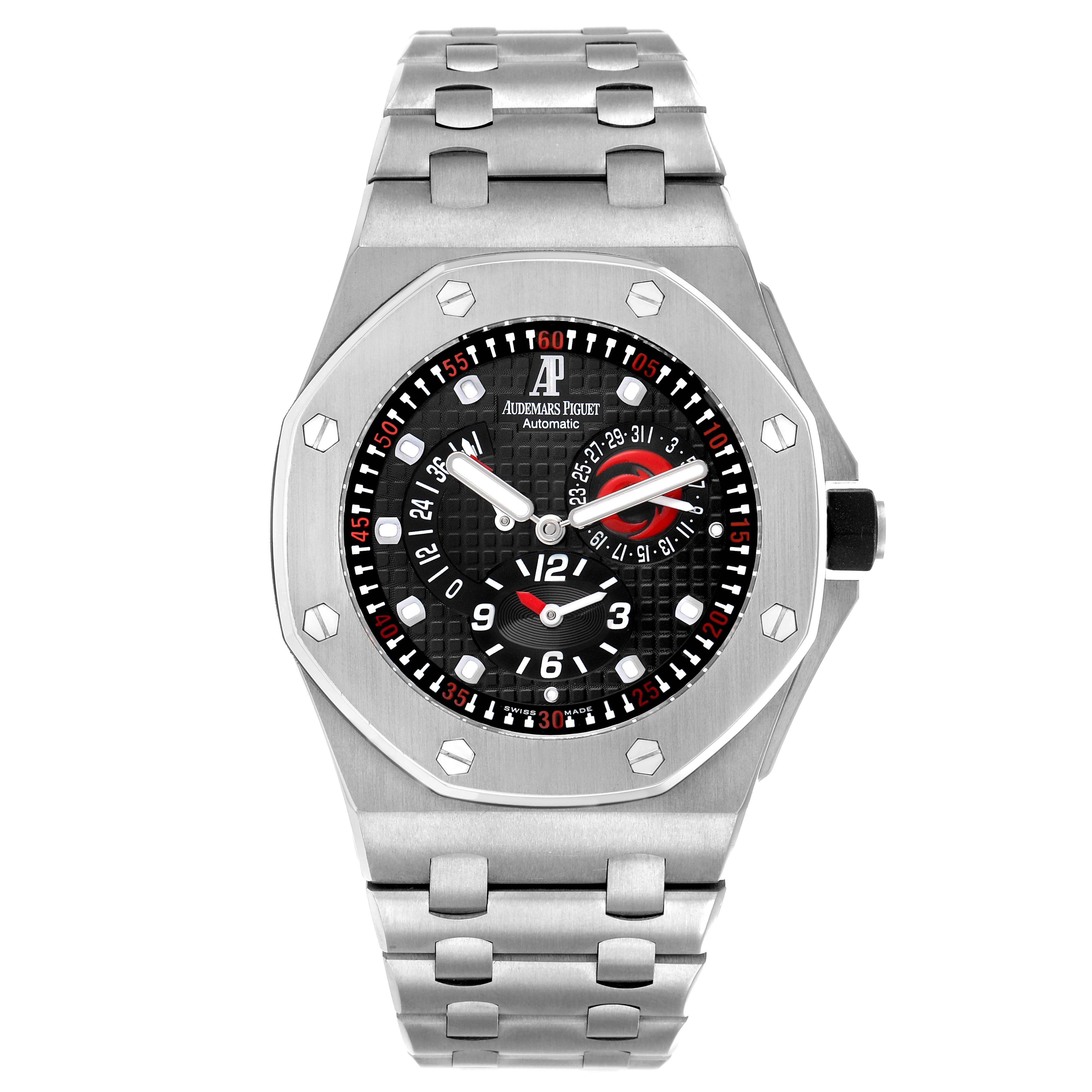 The Audemars Piguet Royal Oak 2599IP.OO.1000TI.01 Mens Titanium Black Dial is shown from a front angle, displaying its dial, bezel, and metal bracelet.