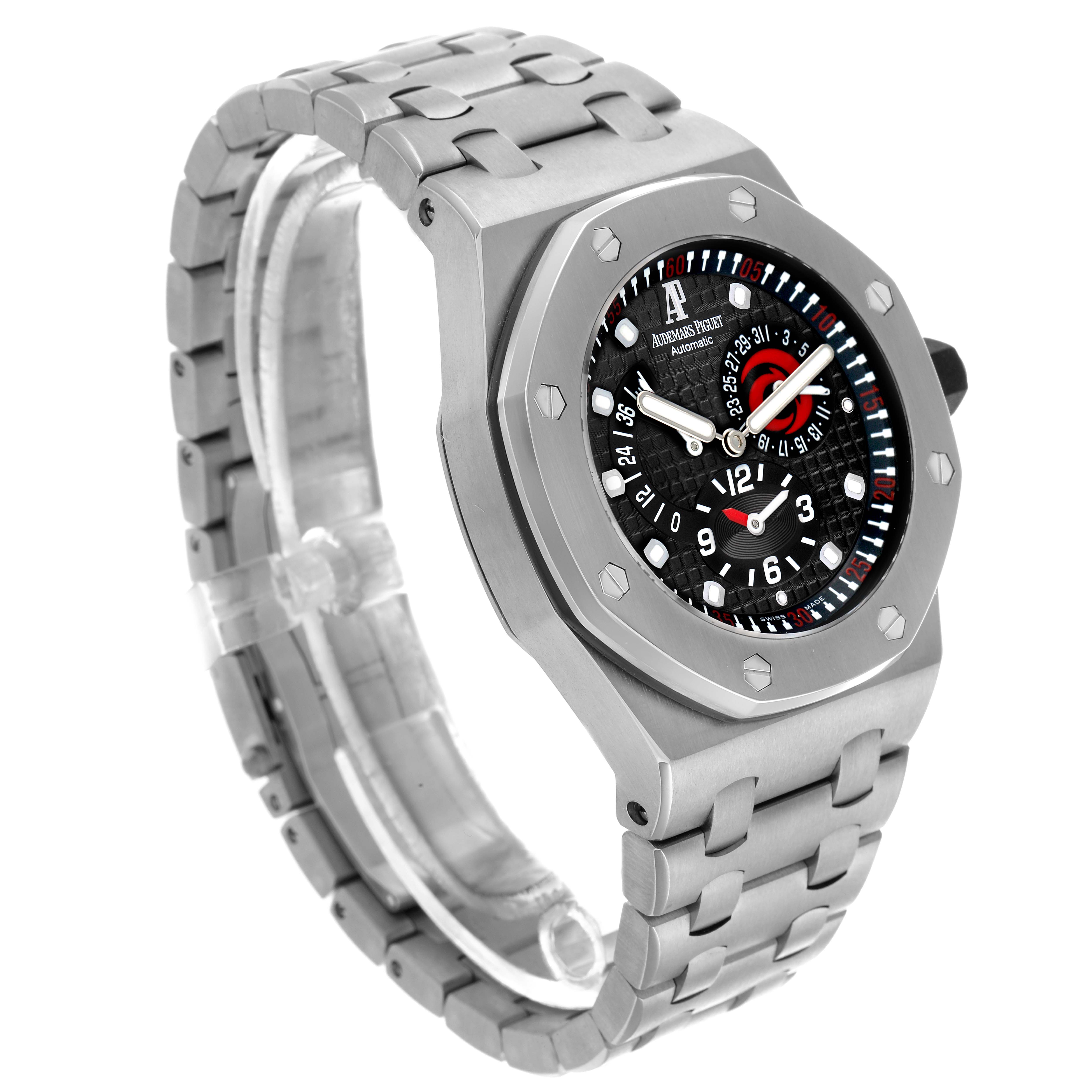 The Audemars Piguet Royal Oak 2599IP.OO.1000TI.01 Men
s Titanium Black Dial watch is shown at an angled view, highlighting its face, bezel, and bracelet.