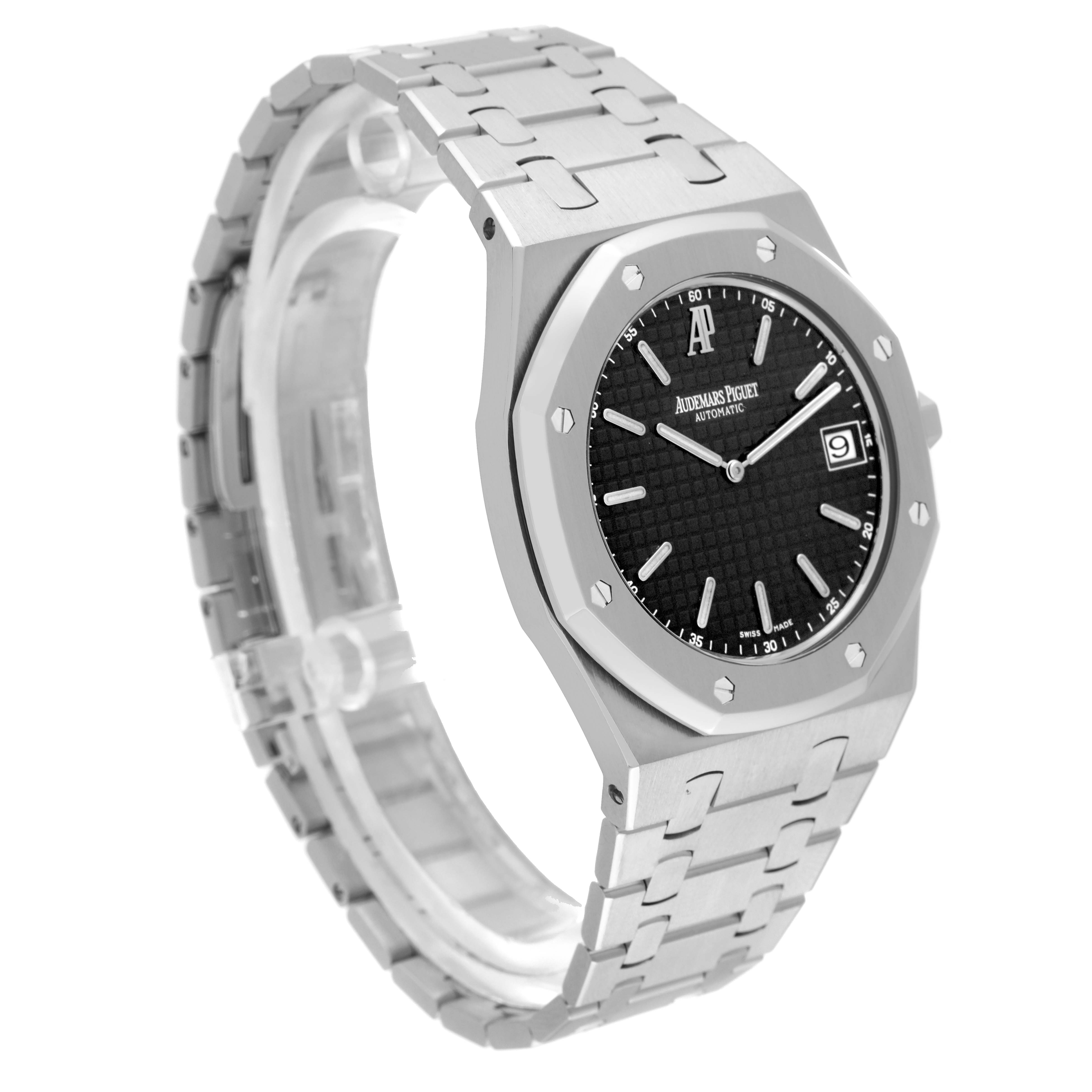The image shows the Audemars Piguet Royal Oak 15202ST.OO.0944ST.02 Men's Stainless Steel Black Dial 15202ST.OO.0944ST.02 Men's Stainless Steel Black Dial watch from a three-quarter angle, highlighting its dial, bezel, and bracelet.