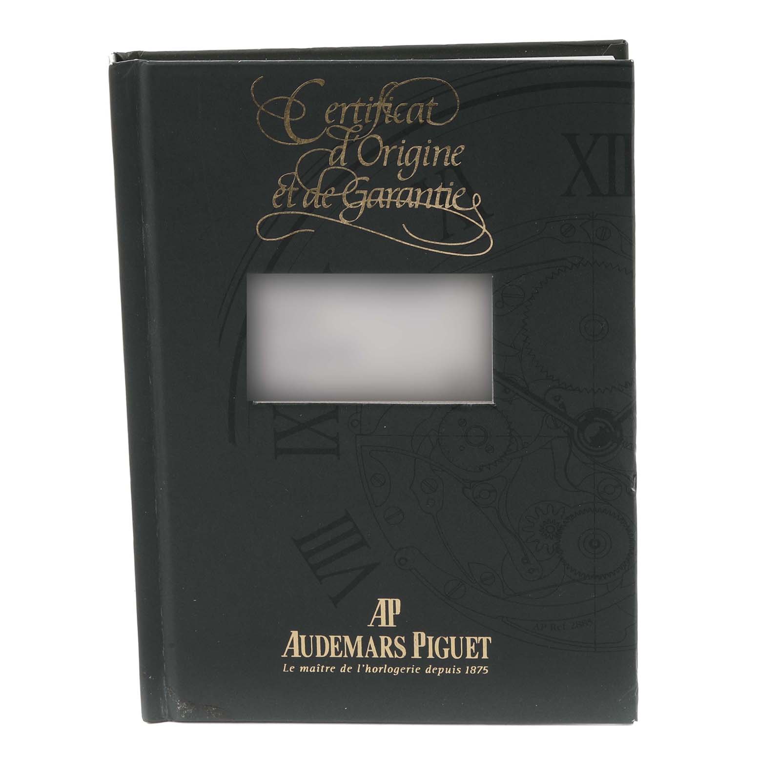 The image shows a front view of a "Certificat d'Origine et de Garantie" booklet for the Royal Oak model by Audemars Piguet.
