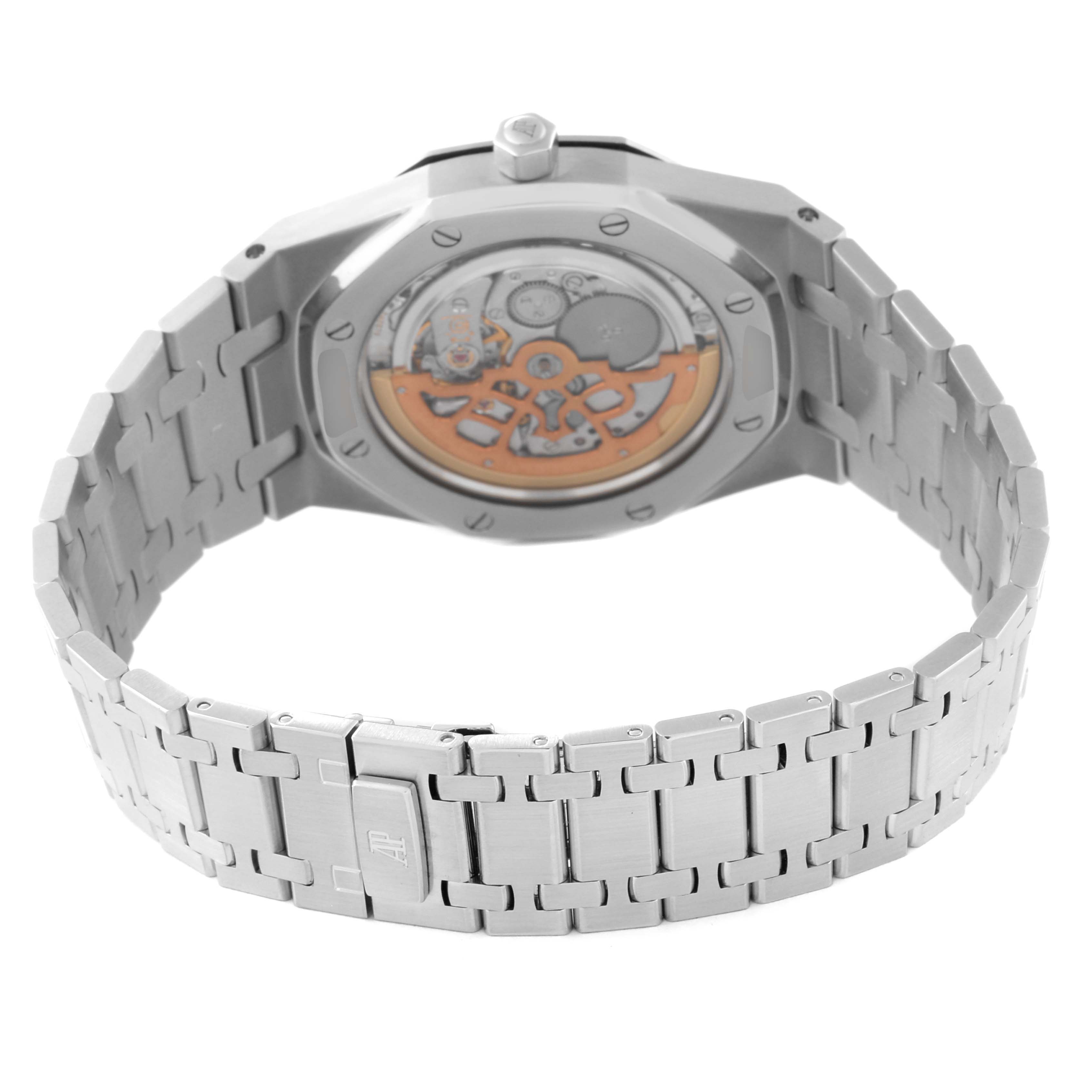 This image shows the back view of a Royal Oak by Audemars Piguet, highlighting the bracelet and exhibition case back.