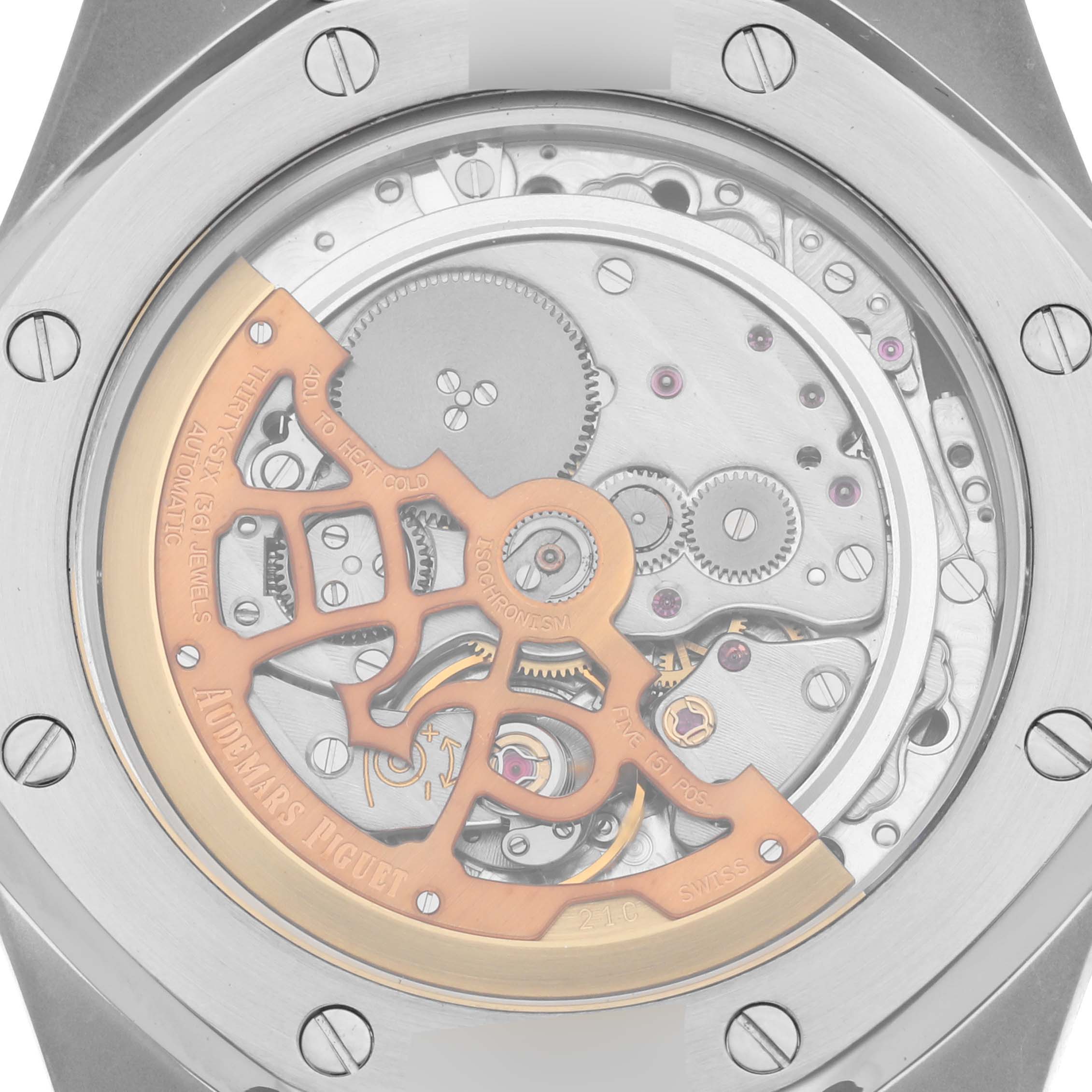 The image shows the back view of the Audemars Piguet Royal Oak 15202ST.OO.0944ST.02 Men's Stainless Steel Black Dial 15202ST.OO.0944ST.02 Men's Stainless Steel Black Dial watch, highlighting its intricate mechanical movement.