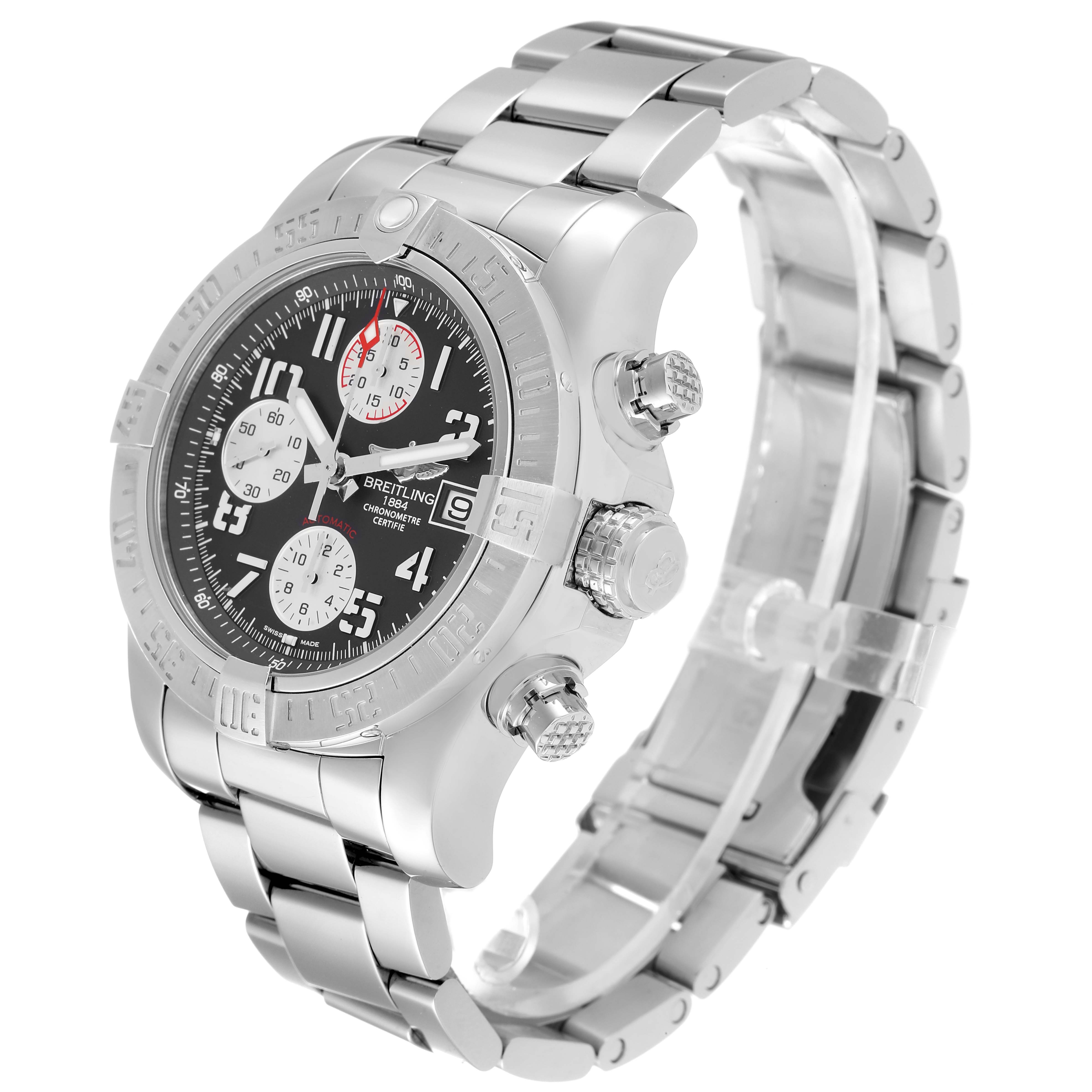 The image shows a Breitling Avenger A13381 Men's Stainless Steel Grey Dial A13381 Men's Stainless Steel Grey Dial watch from a three-quarter angle, highlighting the bezel, dial, pushers, and metal bracelet.
