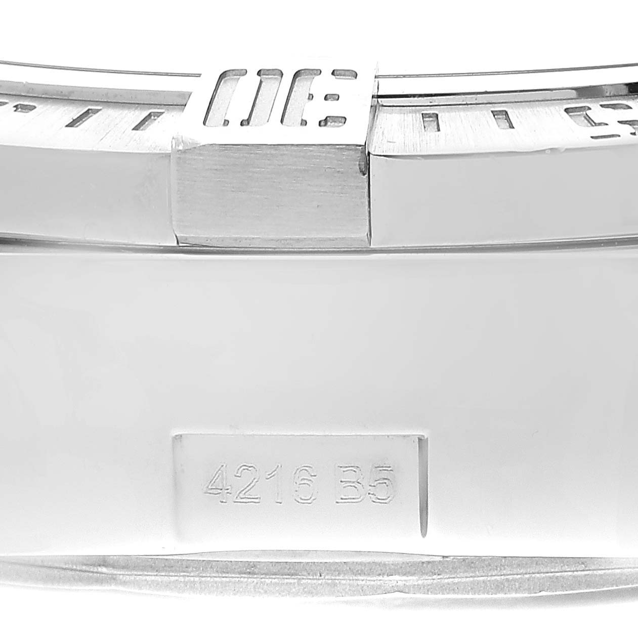 This image shows a close-up of the bracelet clasp and serial number of a Breitling Avenger A13381 Men's Stainless Steel Grey Dial A13381 Men's Stainless Steel Grey Dial watch.