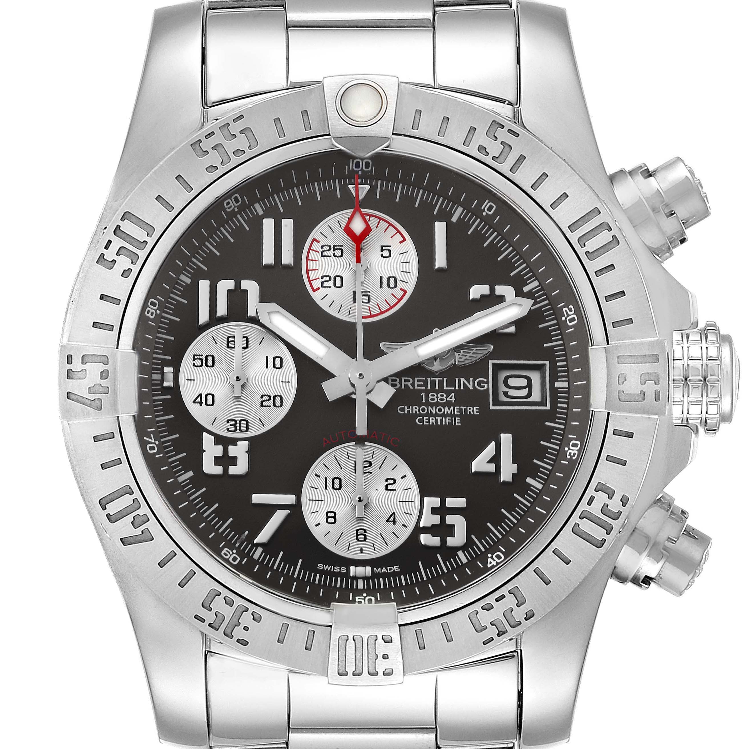 The image shows a front view of the Breitling Avenger A13381 Men's Stainless Steel Grey Dial A13381 Men's Stainless Steel Grey Dial watch, highlighting its dial, bezel, and chronograph pushers.