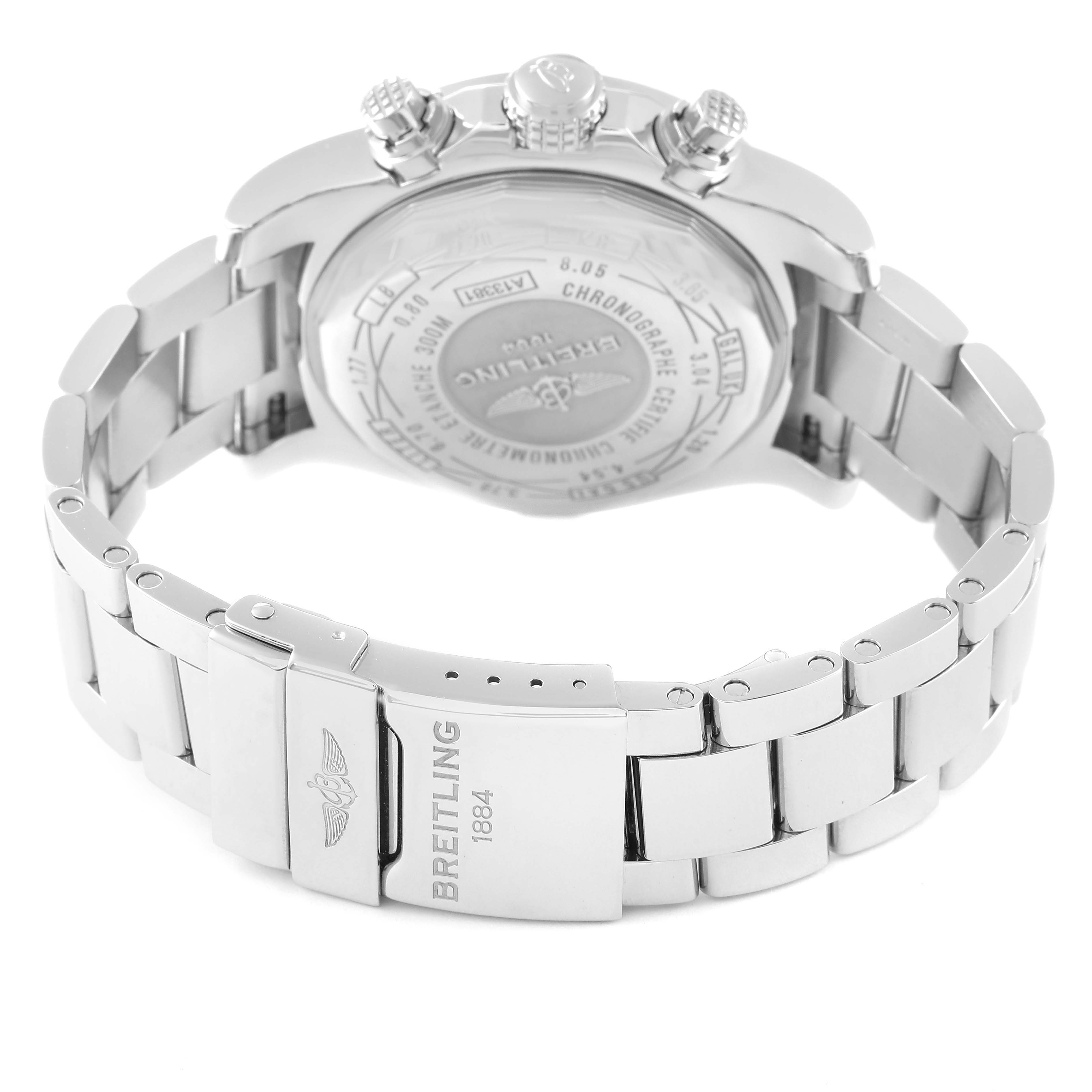 The image shows the back and clasp of a Breitling Avenger A13381 Men's Stainless Steel Grey Dial A13381 Men's Stainless Steel Grey Dial watch, highlighting the engraved case back and metal bracelet.