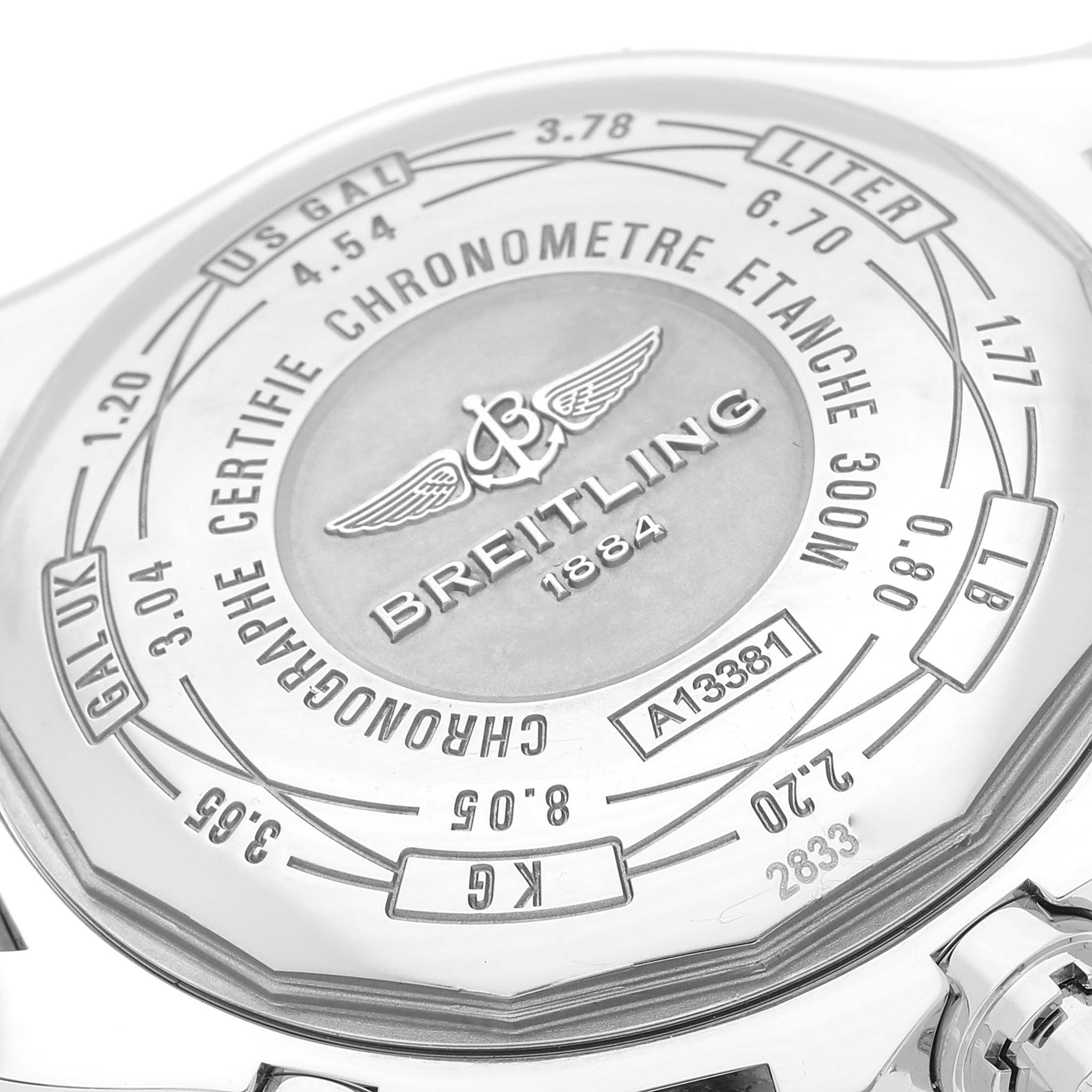 This image shows the back case of a Breitling Avenger A13381 Men's Stainless Steel Grey Dial A13381 Men's Stainless Steel Grey Dial watch, displaying detailed engravings and specifications.