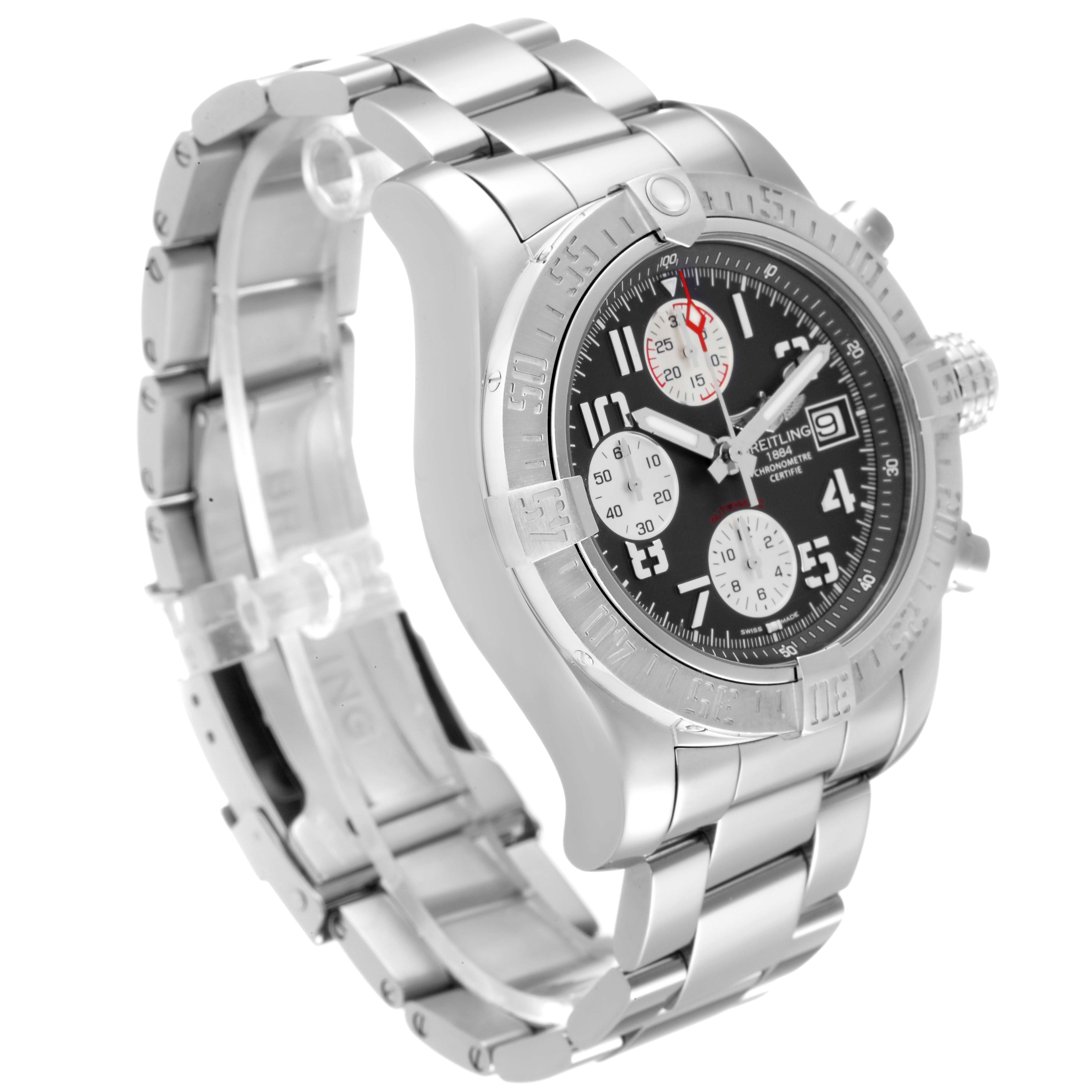 The image shows a Breitling Avenger A13381 Men's Stainless Steel Grey Dial A13381 Men's Stainless Steel Grey Dial watch from an angled side view, highlighting the bezel, dial, and metal bracelet.