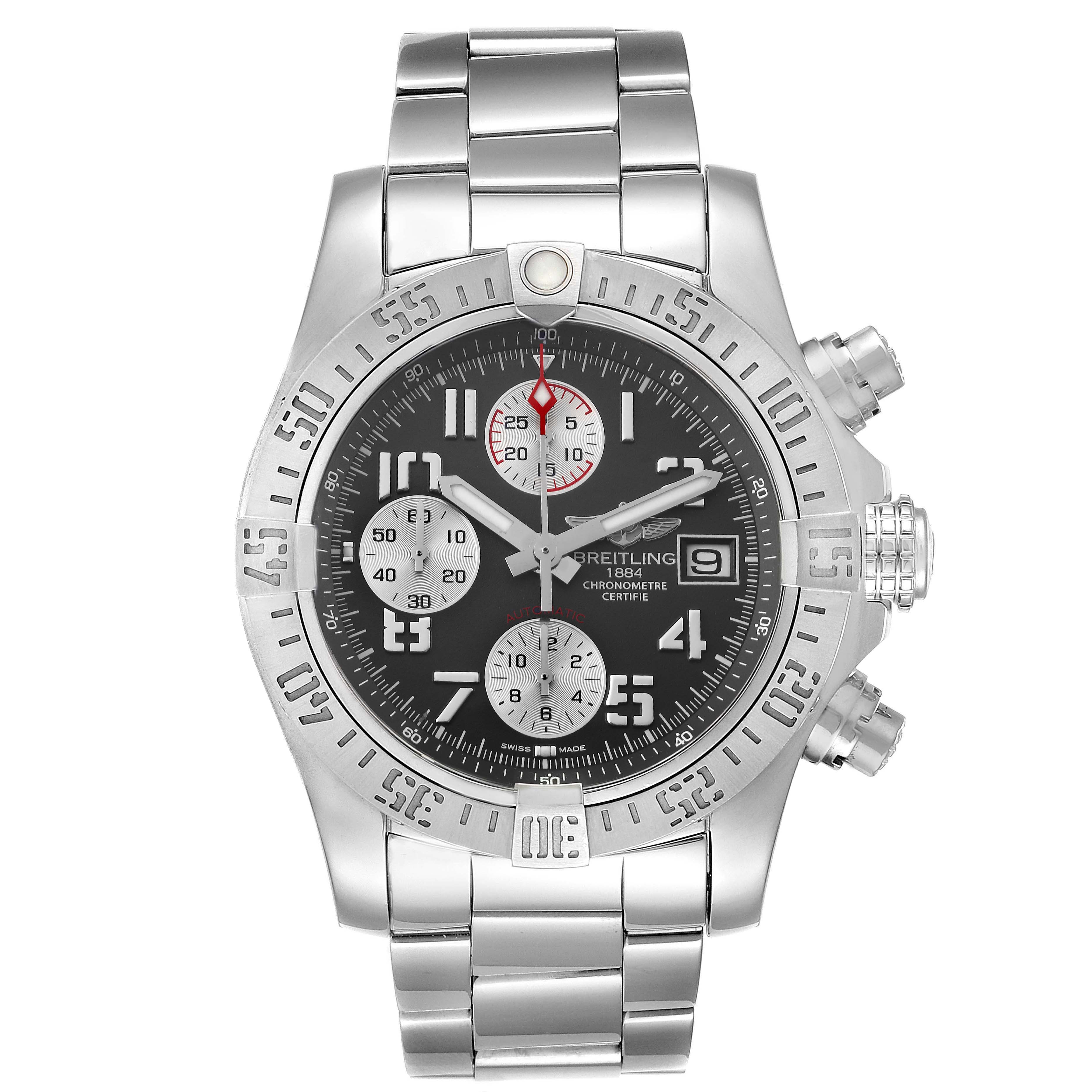 The image shows a front view of a Breitling Avenger A13381 Men's Stainless Steel Grey Dial A13381 Men's Stainless Steel Grey Dial watch, highlighting its face, bezel, and metal bracelet.
