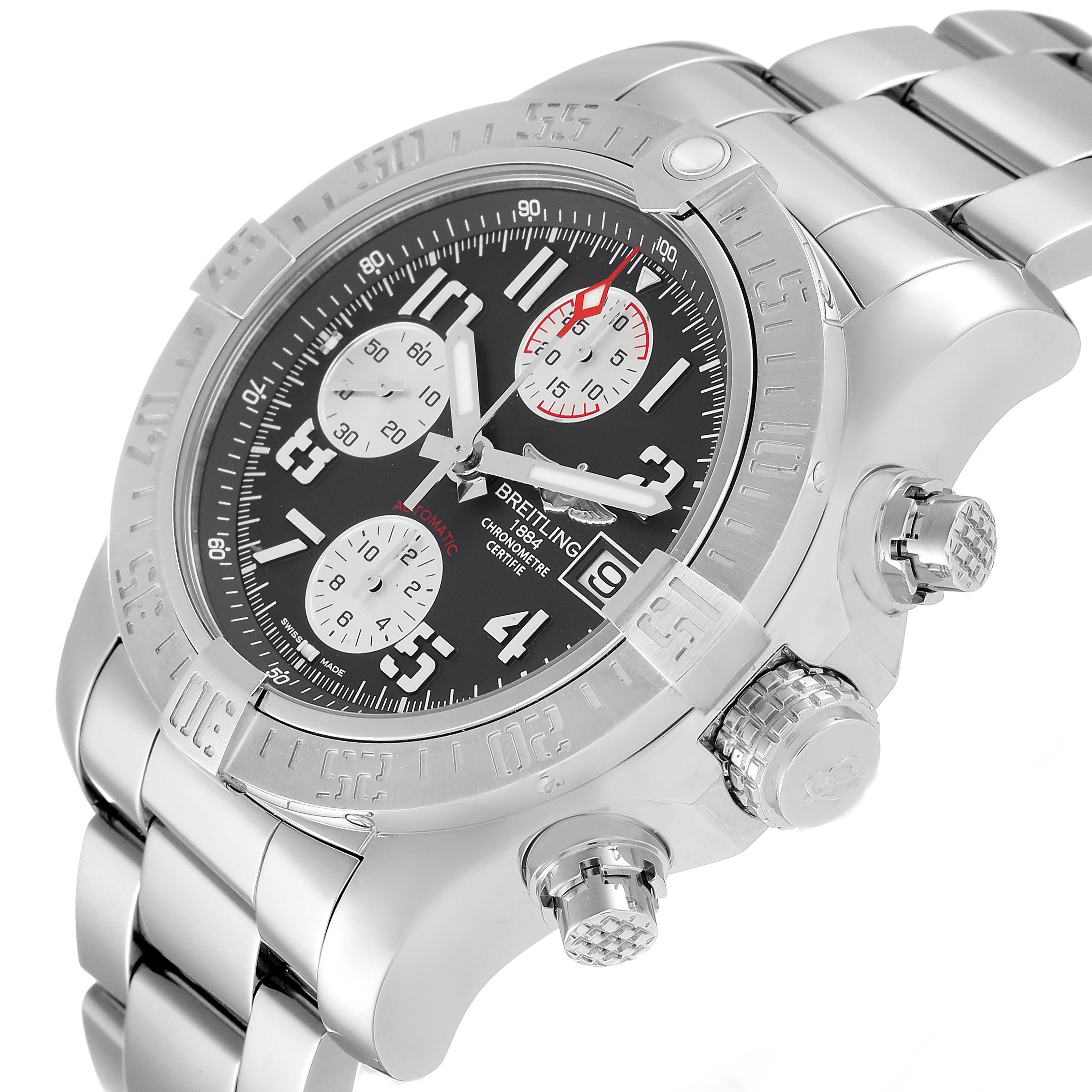 The image shows a close-up, angled view of a Breitling Avenger A13381 Men's Stainless Steel Grey Dial A13381 Men's Stainless Steel Grey Dial watch, highlighting its bezel, chronograph dials, crown, and bracelet.