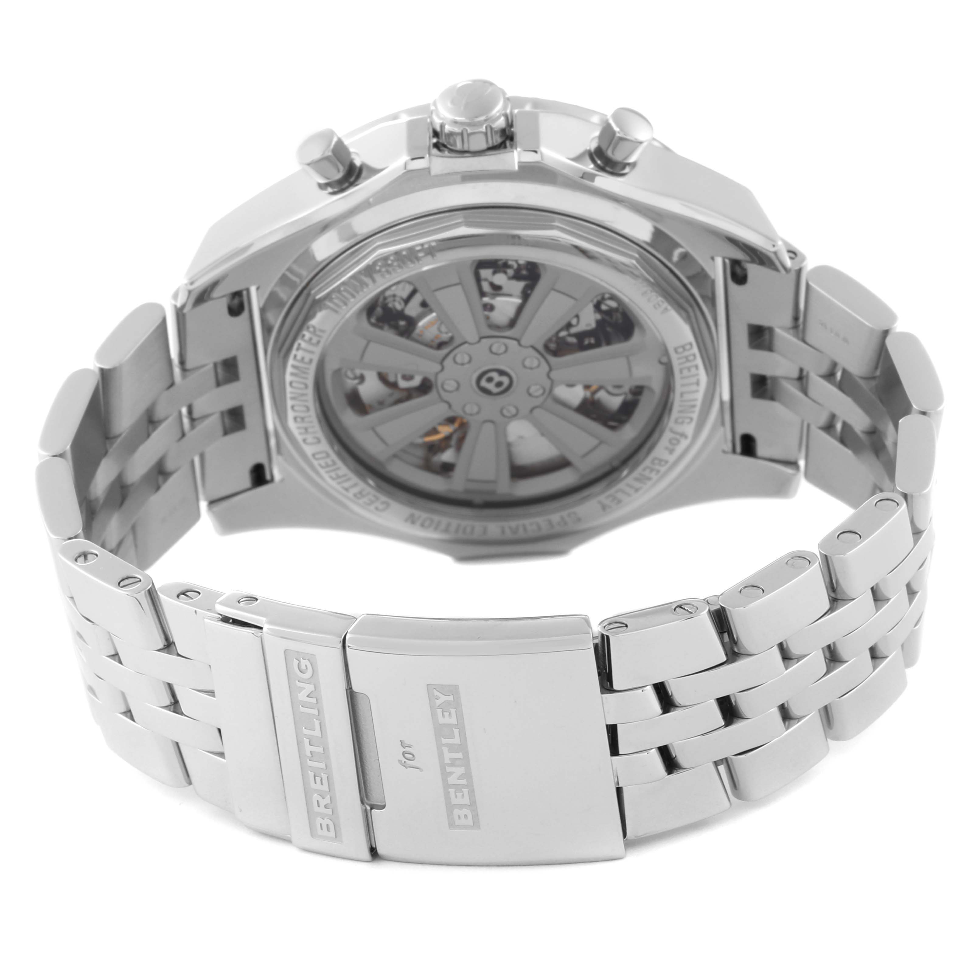 The image shows the back view of the Breitling Bentley AB061112/G768-990A Men's Stainless Steel Silver Dial AB061112/G768-990A Men's Stainless Steel Silver Dial watch, including its metal bracelet and exhibition case back displaying the movement.