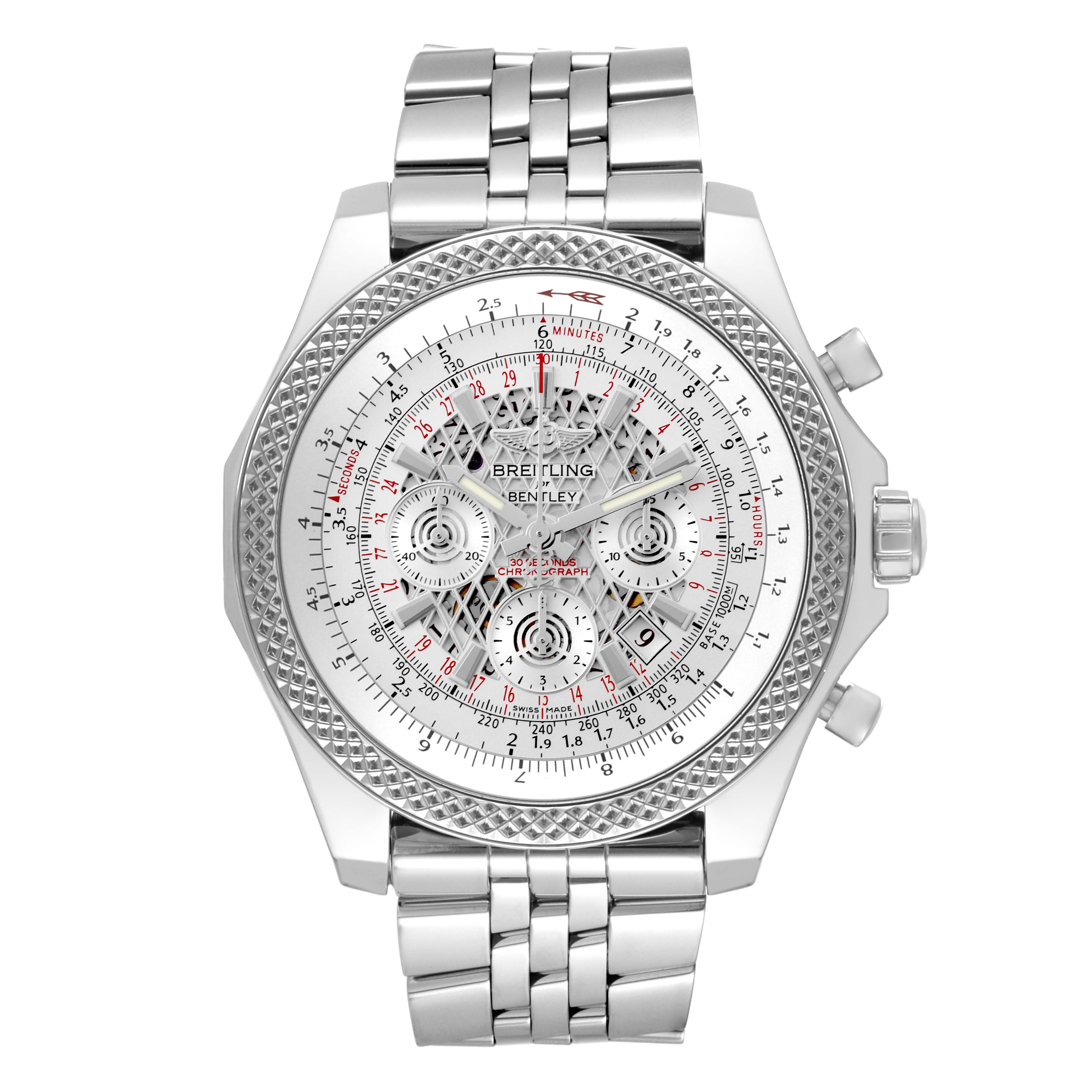 The Breitling Bentley AB061112/G768-990A Men's Stainless Steel Silver Dial AB061112/G768-990A Men's Stainless Steel Silver Dial watch is shown from a straight-on angle, highlighting the dial, bezel, and metal bracelet.