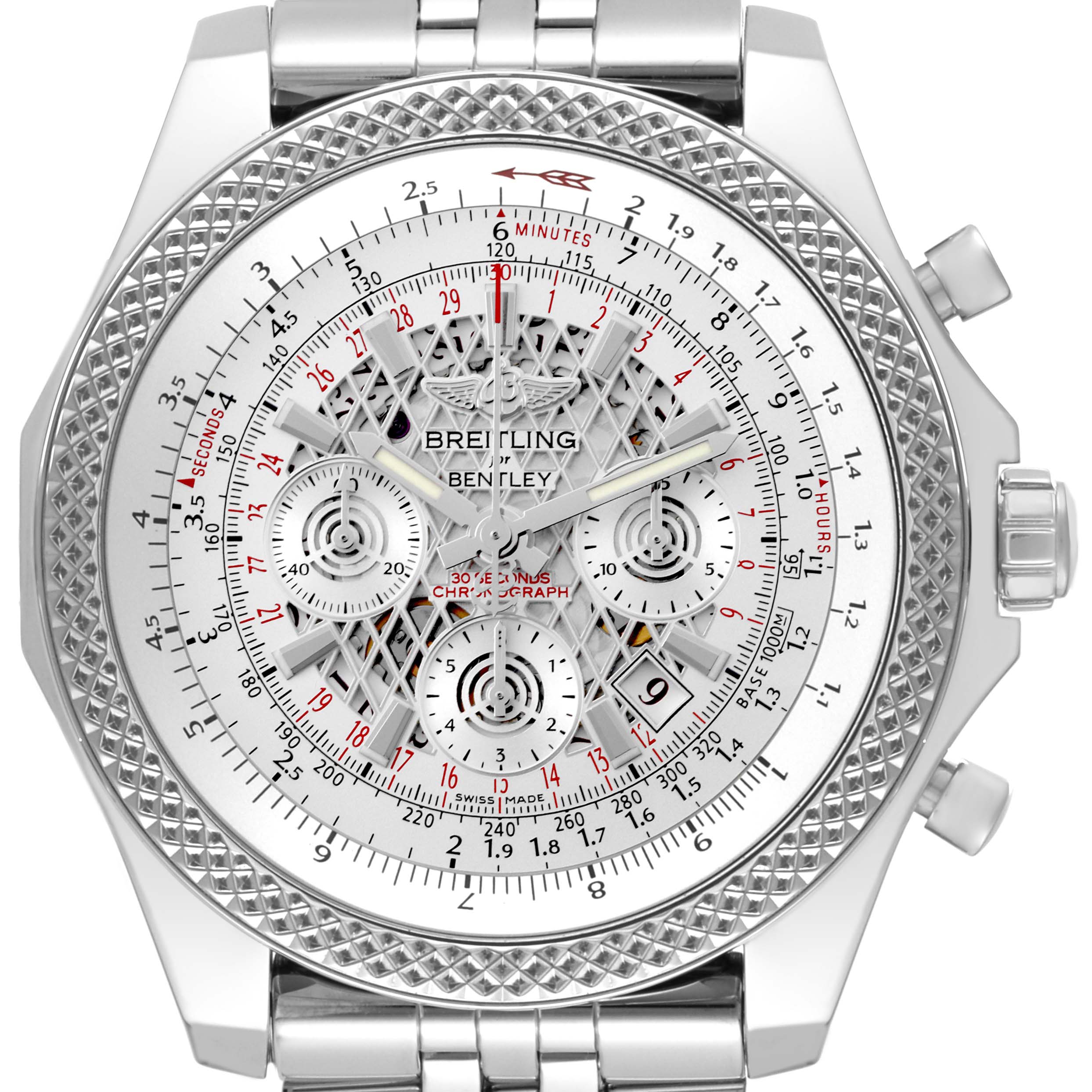The image shows a close-up, front view of a Breitling Bentley AB061112/G768-990A Men's Stainless Steel Silver Dial AB061112/G768-990A Men's Stainless Steel Silver Dial watch, highlighting the dial, bezel, and part of the bracelet.