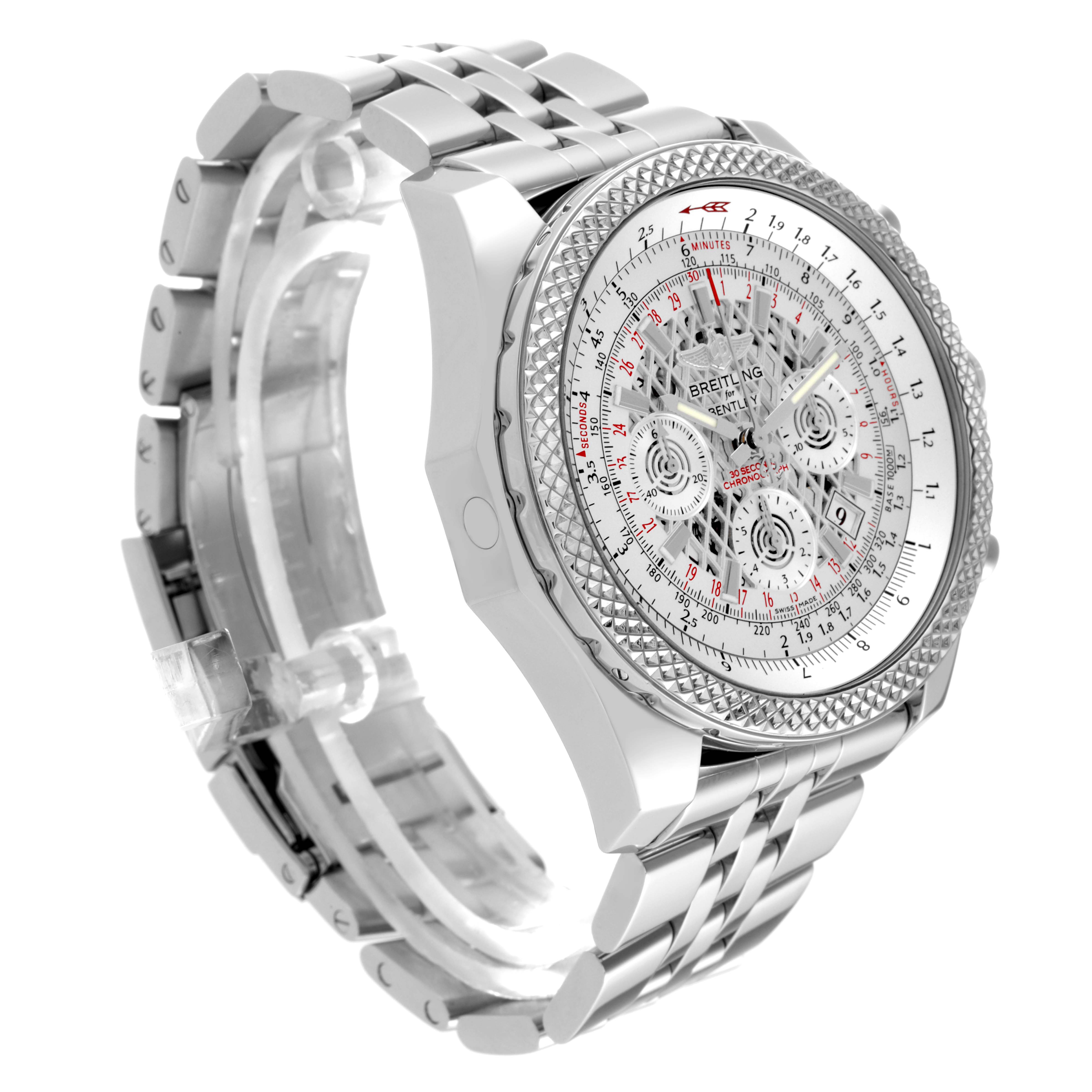 This image shows a side angle of a Breitling Bentley AB061112/G768-990A Men's Stainless Steel Silver Dial AB061112/G768-990A Men's Stainless Steel Silver Dial model watch, highlighting the face, bezel, and metal bracelet.