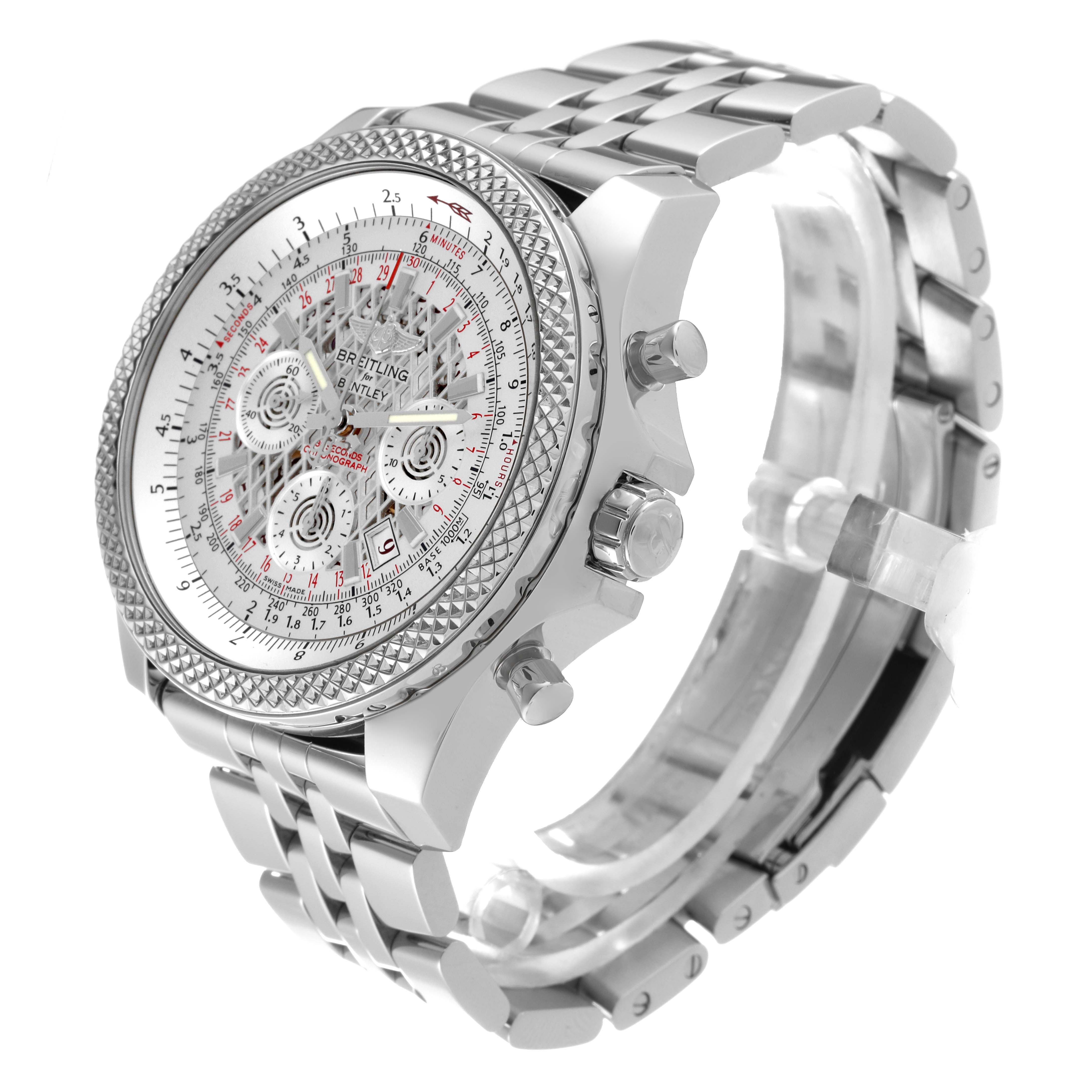 The image shows a side angle of the Breitling Bentley AB061112/G768-990A Men's Stainless Steel Silver Dial AB061112/G768-990A Men's Stainless Steel Silver Dial model watch, showcasing the face, bezel, crown, pushers, and metal bracelet.