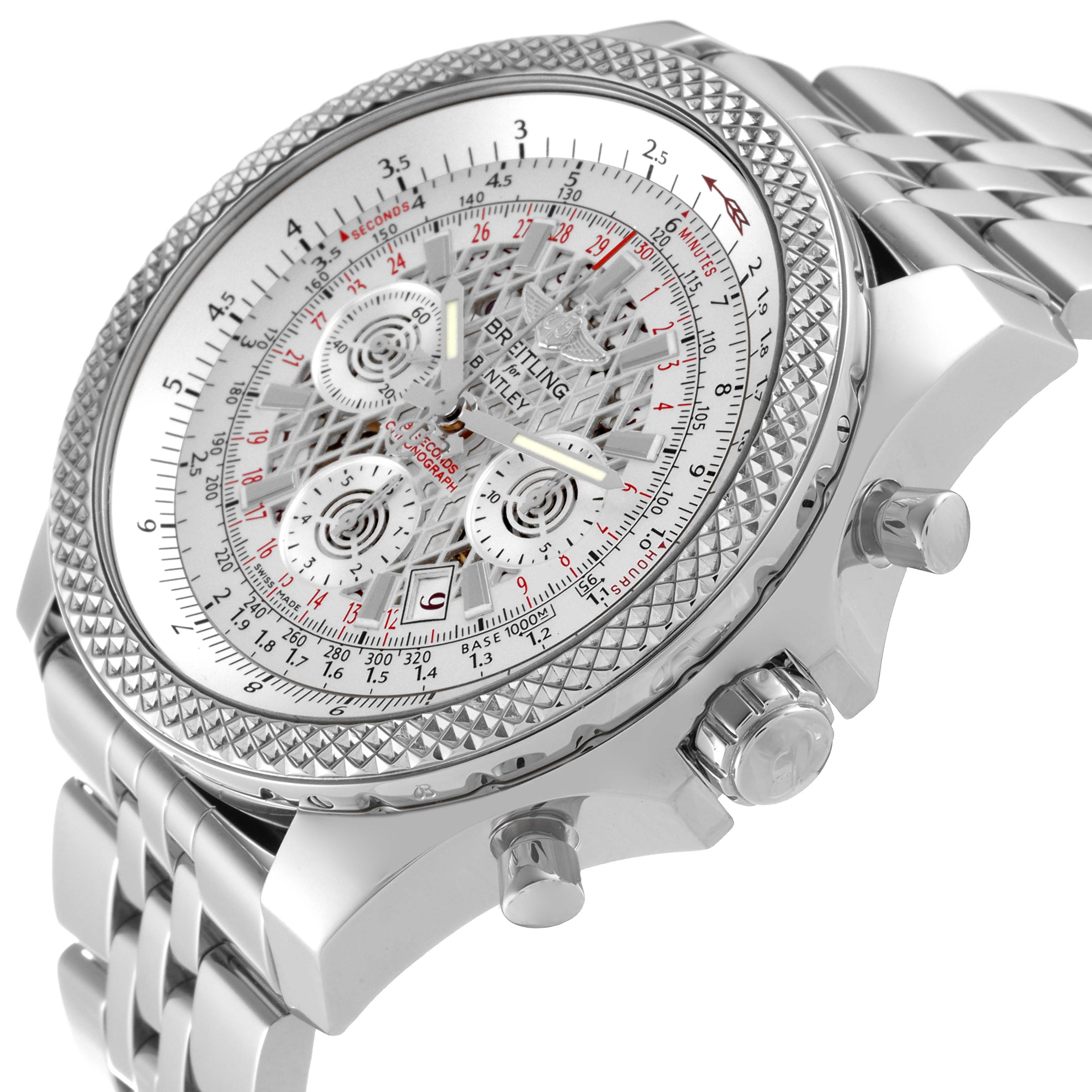 The image shows a Breitling Bentley AB061112/G768-990A Men's Stainless Steel Silver Dial AB061112/G768-990A Men's Stainless Steel Silver Dial watch at a slight side angle, highlighting the face, bezel, crown, pushers, and part of the stainless steel bracelet.