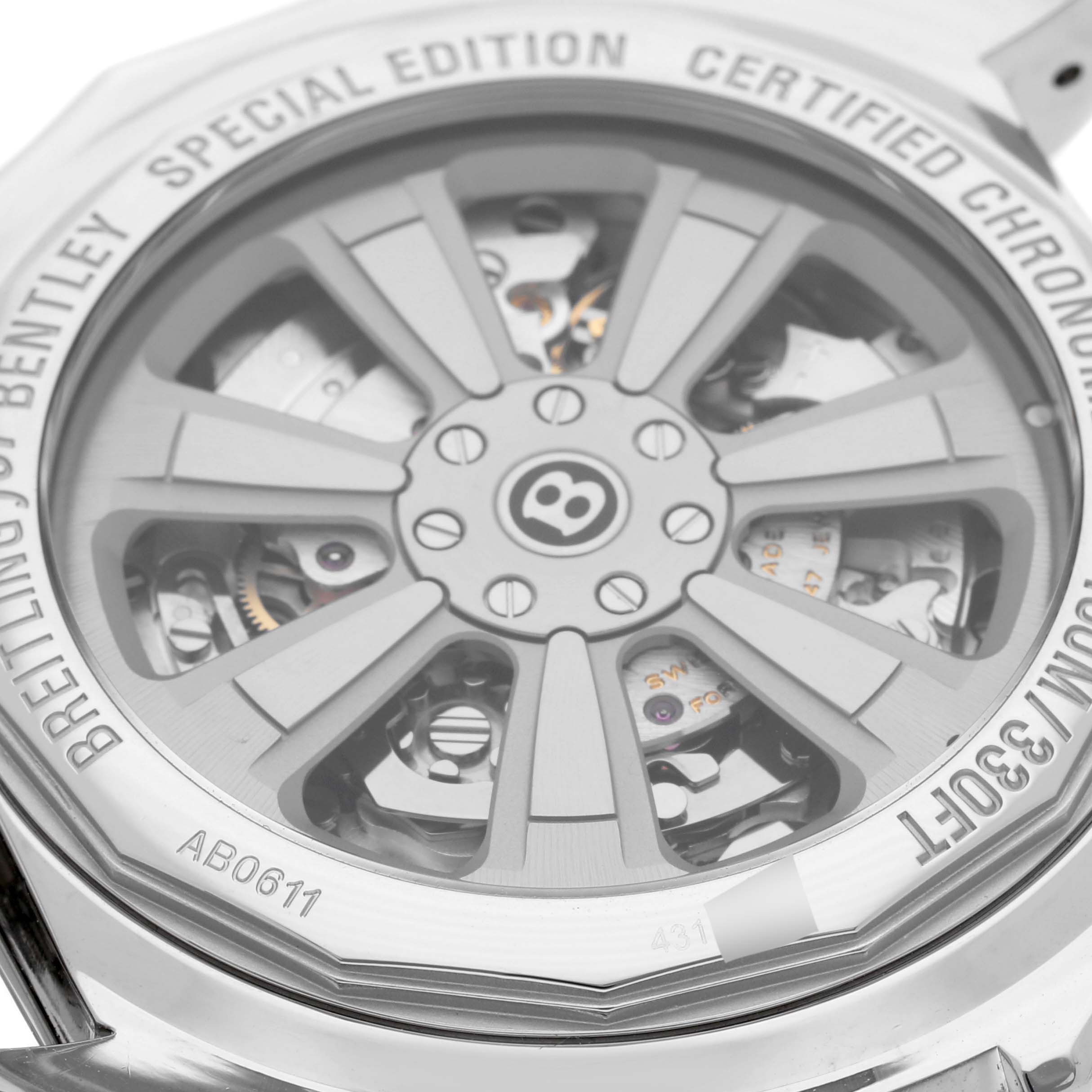 The image shows the back of a Breitling Bentley AB061112/G768-990A Men's Stainless Steel Silver Dial AB061112/G768-990A Men's Stainless Steel Silver Dial watch, highlighting its transparent case back and internal mechanisms.