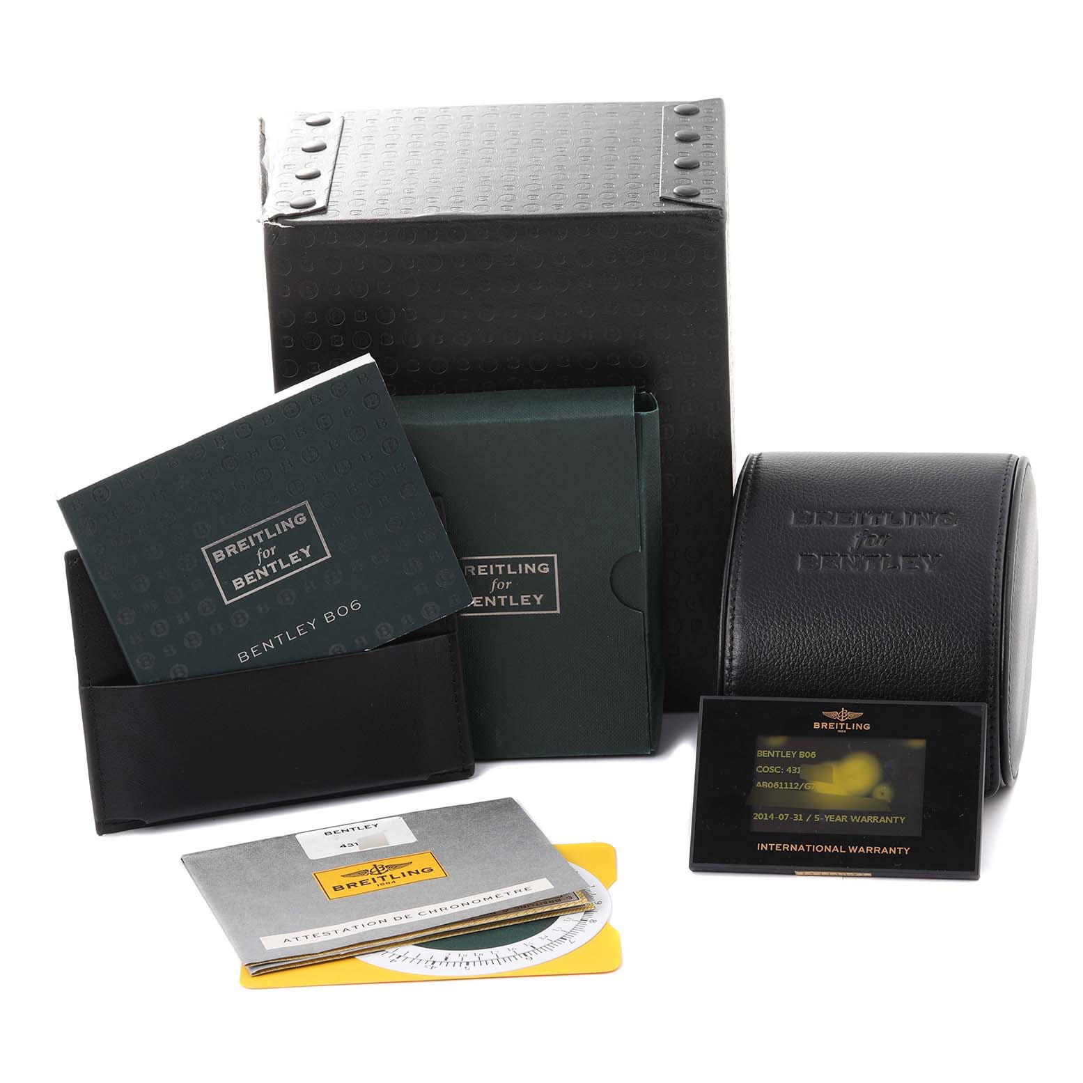 The image shows the packaging and accessories for the Breitling Bentley AB061112/G768-990A Men's Stainless Steel Silver Dial AB061112/G768-990A Men's Stainless Steel Silver Dial watch model, including the box, warranty card, and manuals.