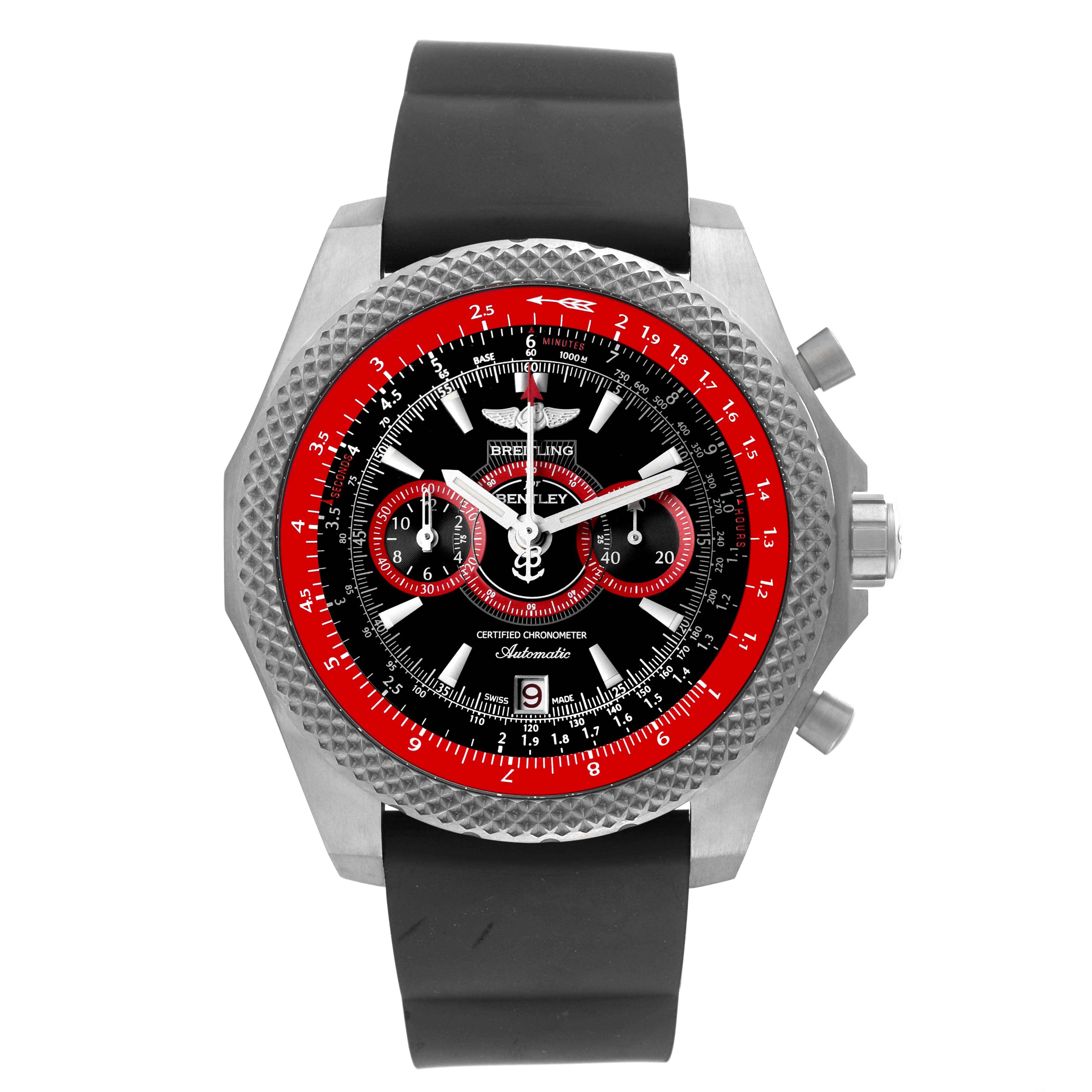 The image shows a front view of a Breitling Bentley E27365 Men
s Titanium Black Dial E27365 Men
s Titanium Black Dial watch, highlighting its black dial, red bezel, and black rubber strap.