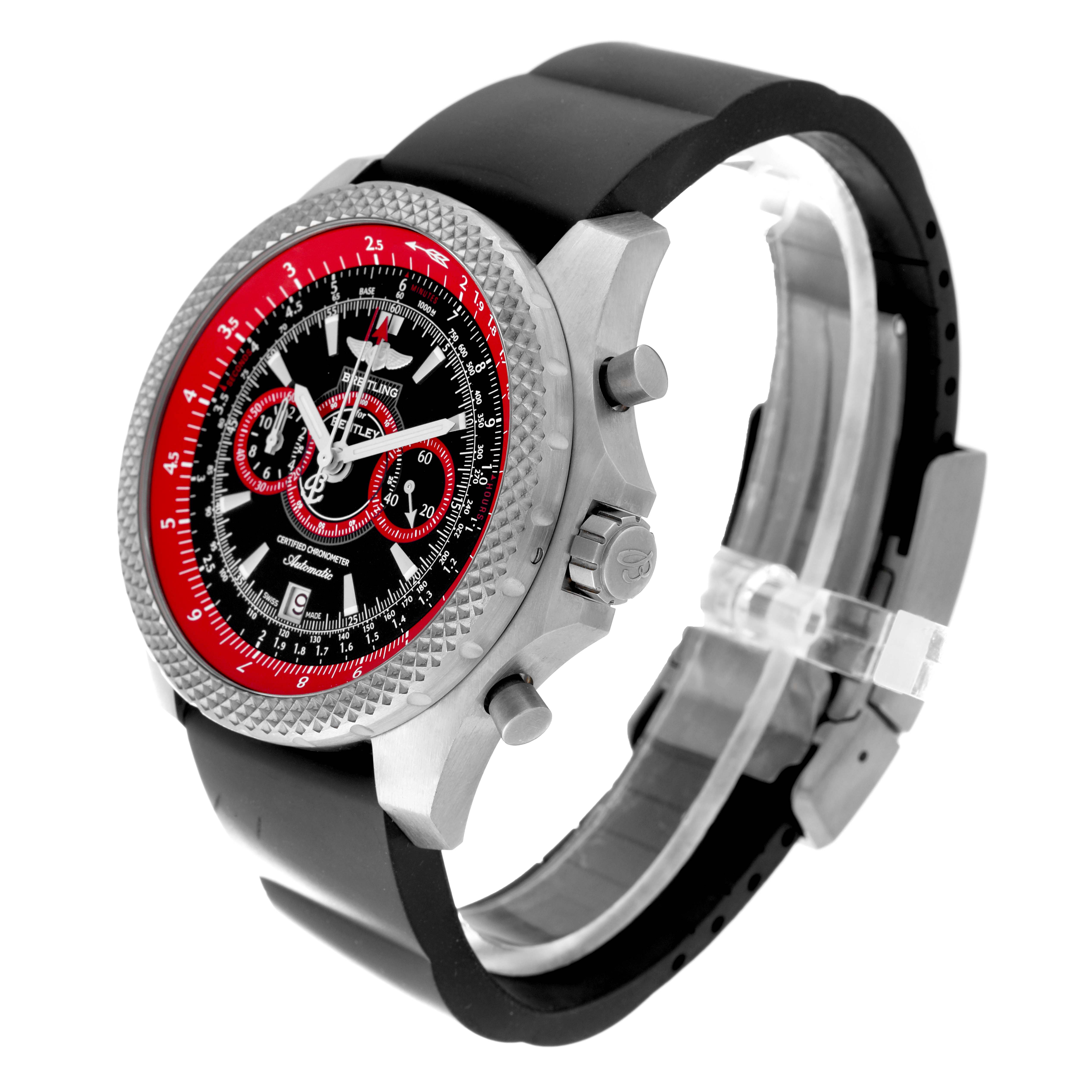 This image shows a Breitling Bentley E27365 Men
s Titanium Black Dial E27365 Men
s Titanium Black Dial watch at a three-quarter angle, featuring the face, bezel, crown, pushers, and strap.