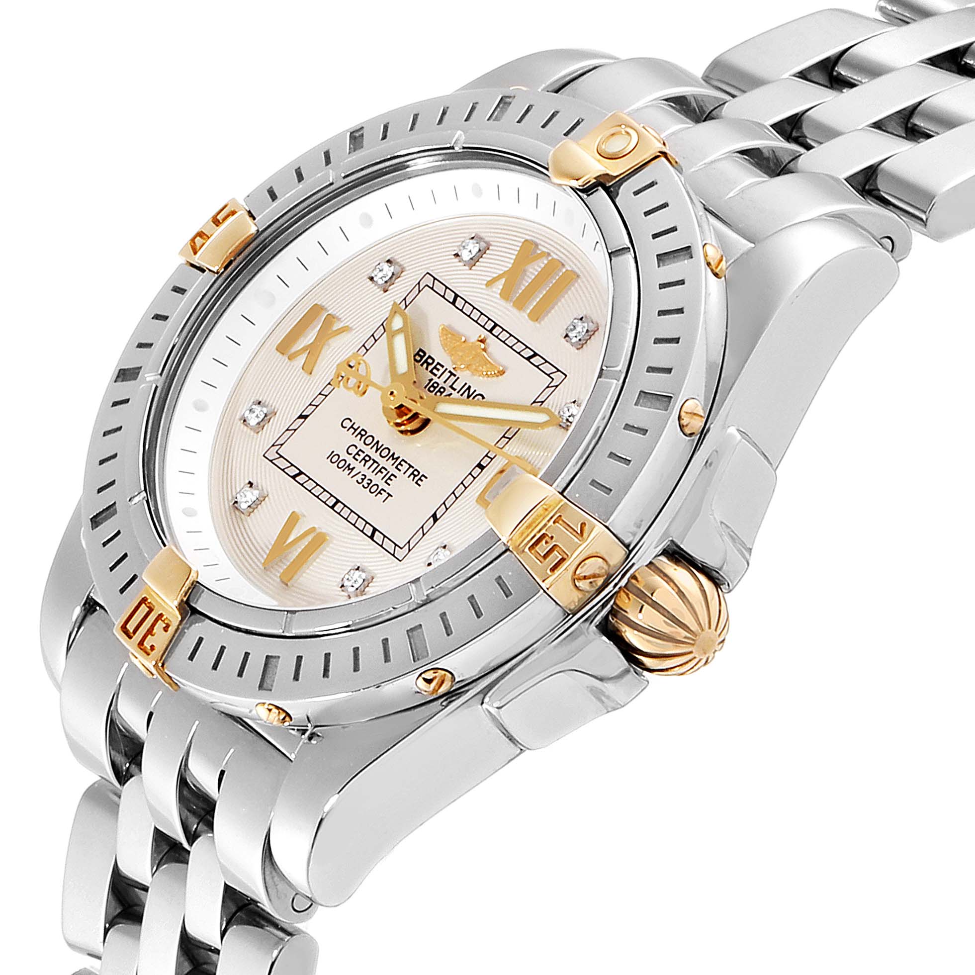 The image shows a Breitling B71356 Women's Steel and Gold (two tone) Silver Dial B71356 Women's Steel and Gold (two tone) Silver Dial Cockpit Steel Yellow Gold Diamond Ladies Watch B71356 from an angled view focusing on the watch face, bezel, and bracelet.