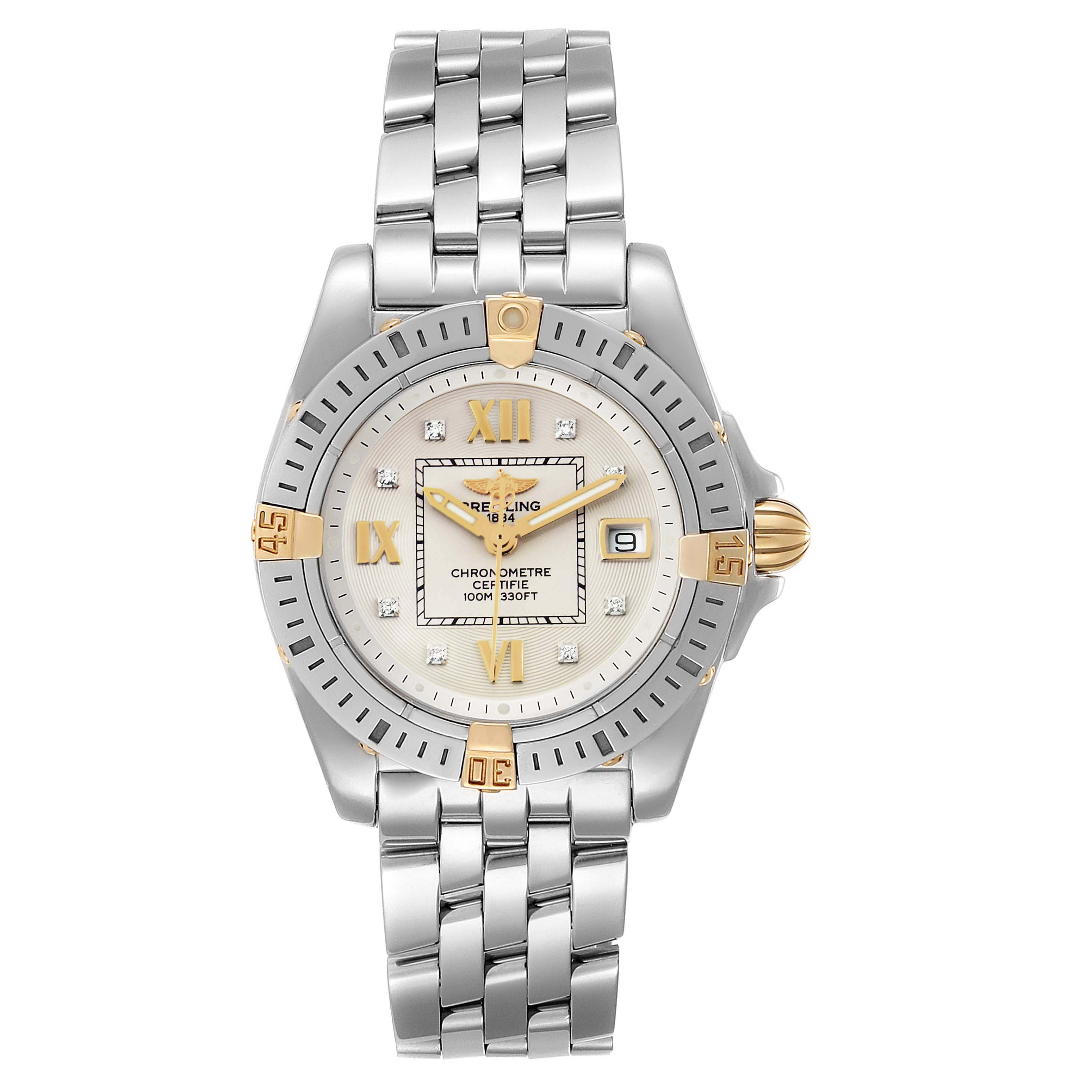 The image shows a front view of a Breitling B71356 Women's Steel and Gold (two tone) Silver Dial B71356 Women's Steel and Gold (two tone) Silver Dial Cockpit Steel Yellow Gold Diamond Ladies Watch B71356, highlighting its dial, bezel, and band.