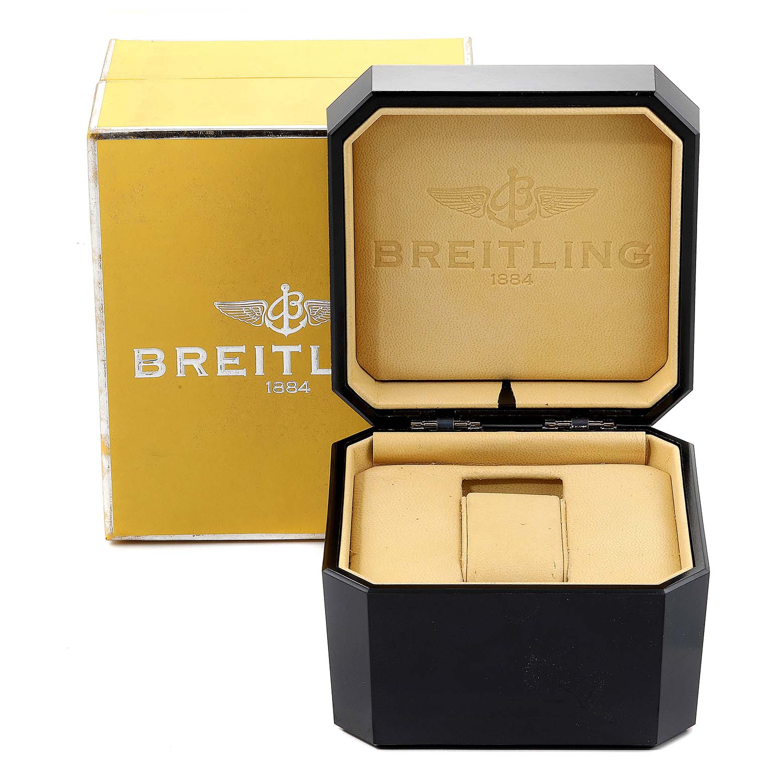 The image shows the packaging box for the Breitling B71356 Women's Steel and Gold (two tone) Silver Dial B71356 Women's Steel and Gold (two tone) Silver Dial Cockpit Steel Yellow Gold Diamond Ladies Watch B71356, open with an exterior box behind it.