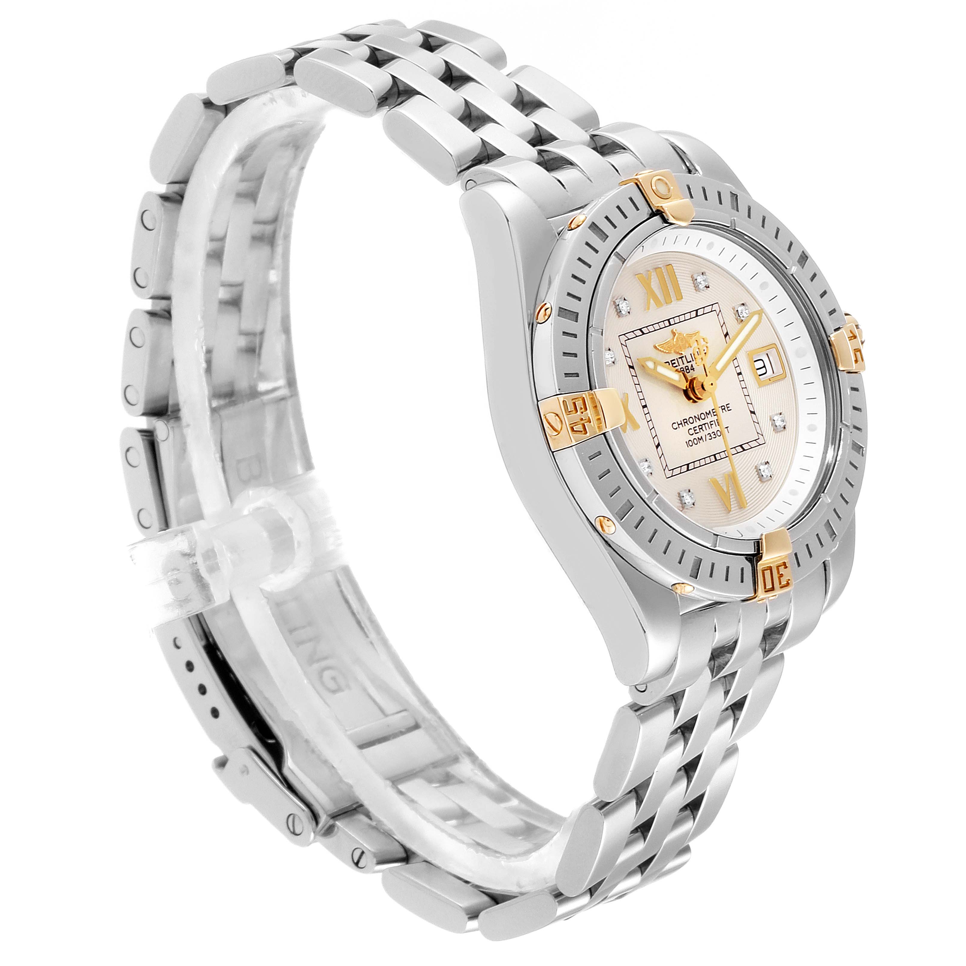 The Breitling B71356 Women's Steel and Gold (two tone) Silver Dial B71356 Women's Steel and Gold (two tone) Silver Dial Cockpit Steel Yellow Gold Diamond Ladies Watch B71356 is shown at a slight angle, showcasing its face, bezel, and bracelet.
