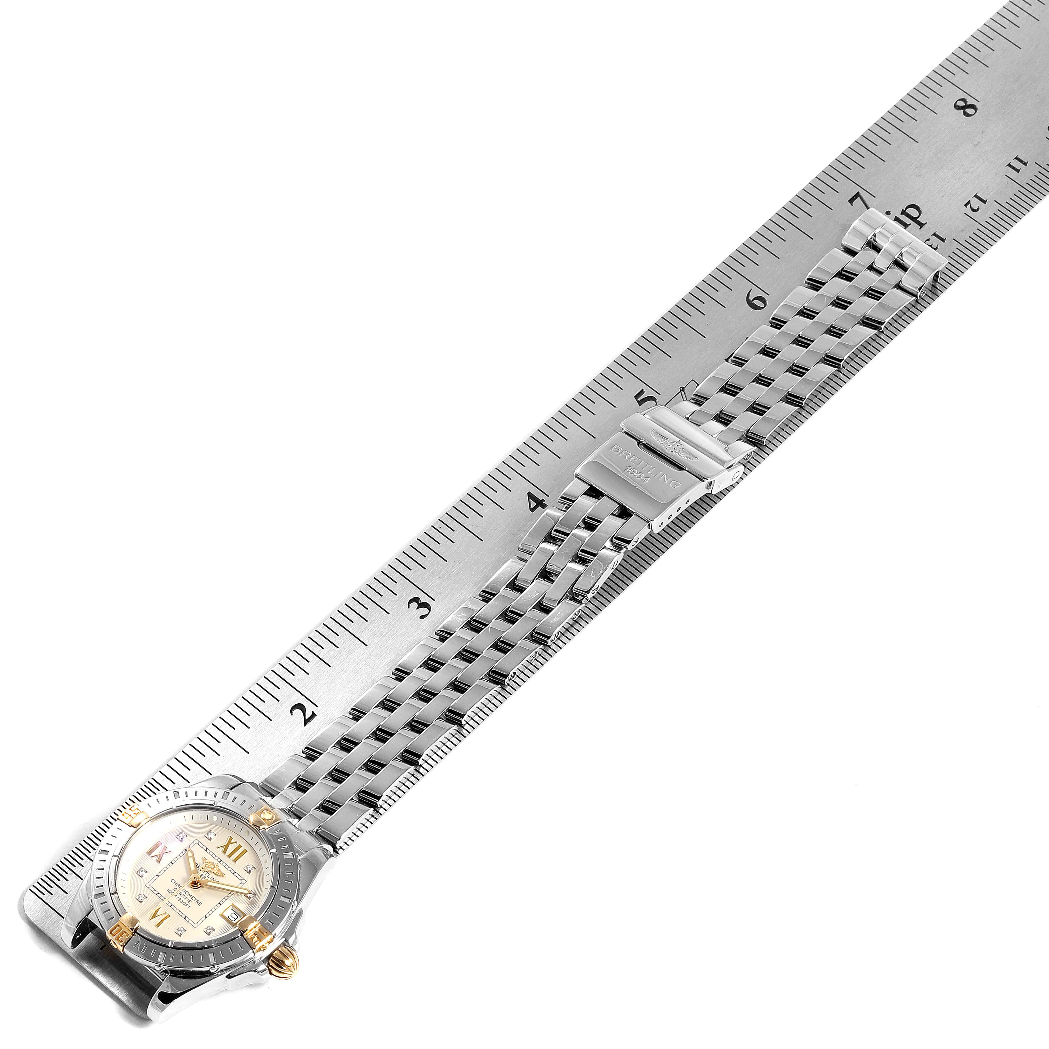 The image shows the Breitling B71356 Women's Steel and Gold (two tone) Silver Dial B71356 Women's Steel and Gold (two tone) Silver Dial Cockpit Steel Yellow Gold Diamond Ladies Watch B71356 model laid flat with the bracelet stretched and measured.