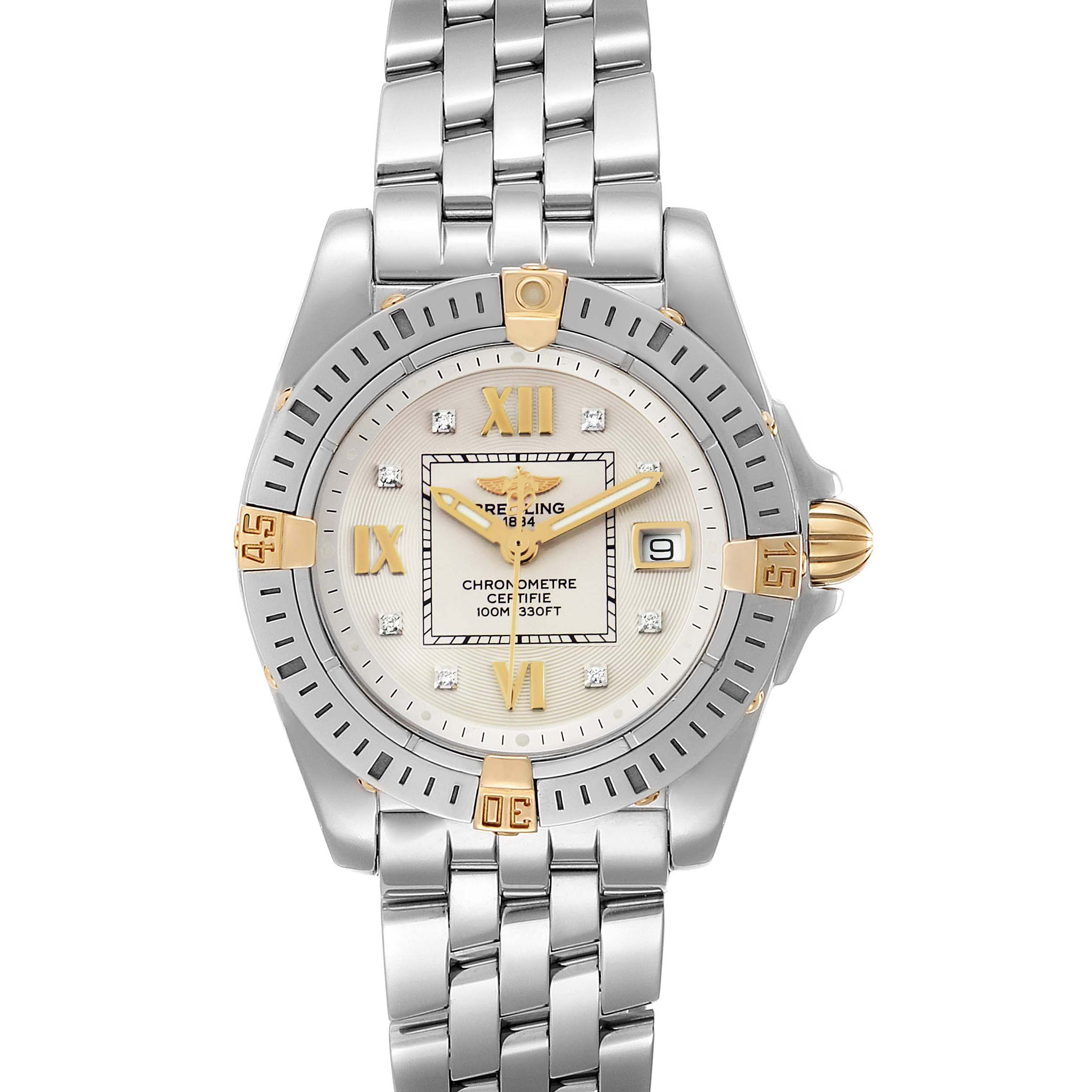 The Breitling B71356 Women's Steel and Gold (two tone) Silver Dial B71356 Women's Steel and Gold (two tone) Silver Dial Cockpit Steel Yellow Gold Diamond Ladies Watch B71356 is shown from a top-down angle displaying the face, bezel, and bracelet.