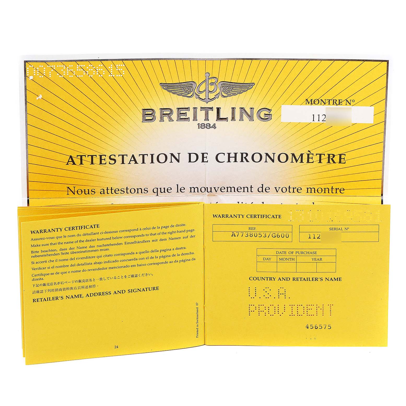 The image shows the certification and warranty booklet for a Breitling A77380 Women
s Stainless Steel Silver Dial A77380 Women
s Stainless Steel Silver Dial Colt Oceane Stainless Steel Diamond Ladies Watch A77380.