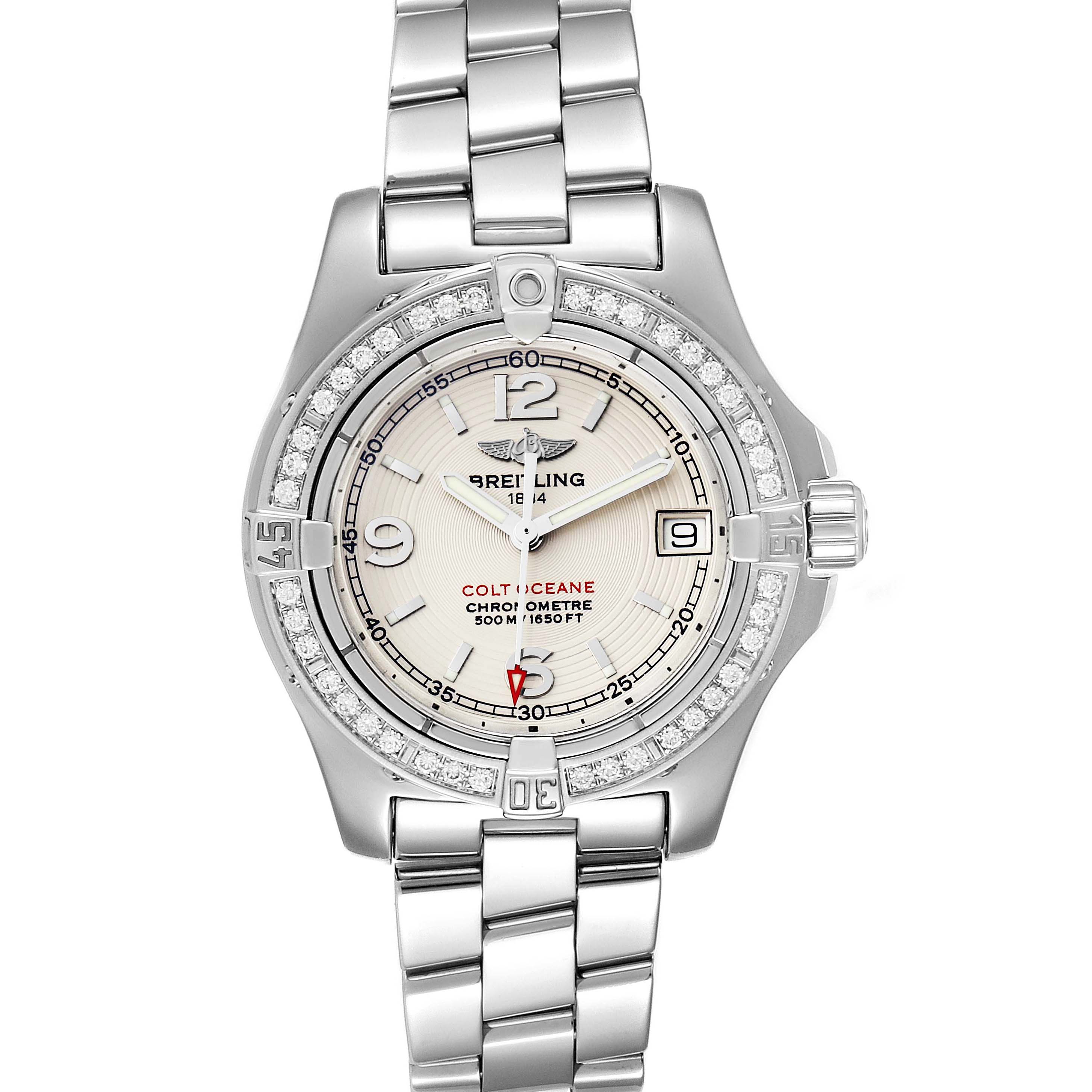 The Breitling A77380 Women
s Stainless Steel Silver Dial A77380 Women
s Stainless Steel Silver Dial Colt Oceane A77380 watch is shown from a top view, highlighting its stainless steel and diamond bezel with a metal bracelet.
