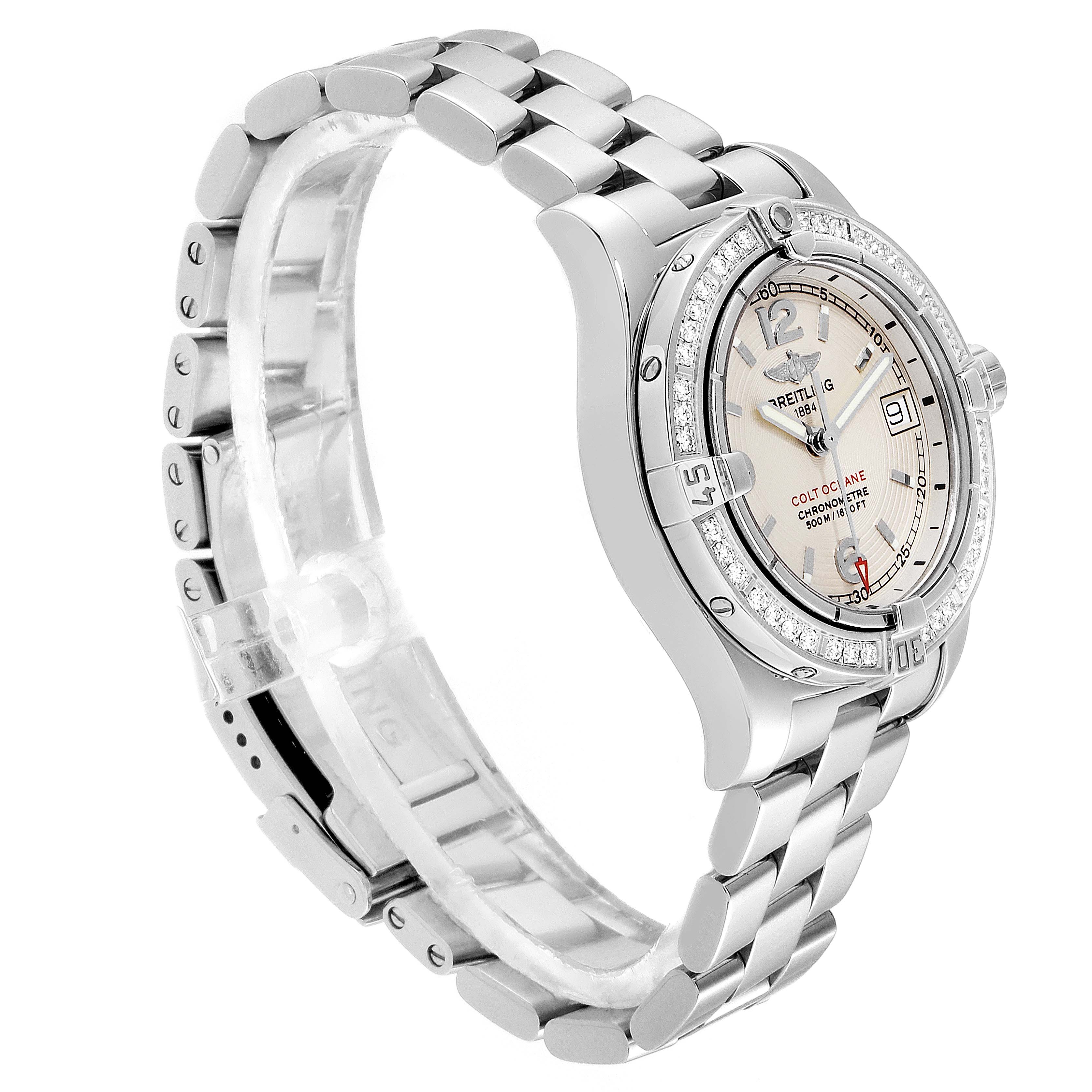 The Breitling A77380 Women
s Stainless Steel Silver Dial A77380 Women
s Stainless Steel Silver Dial Colt Oceane Stainless Steel Diamond Ladies Watch A77380 is shown at a side angle, highlighting the bracelet, bezel, and face.