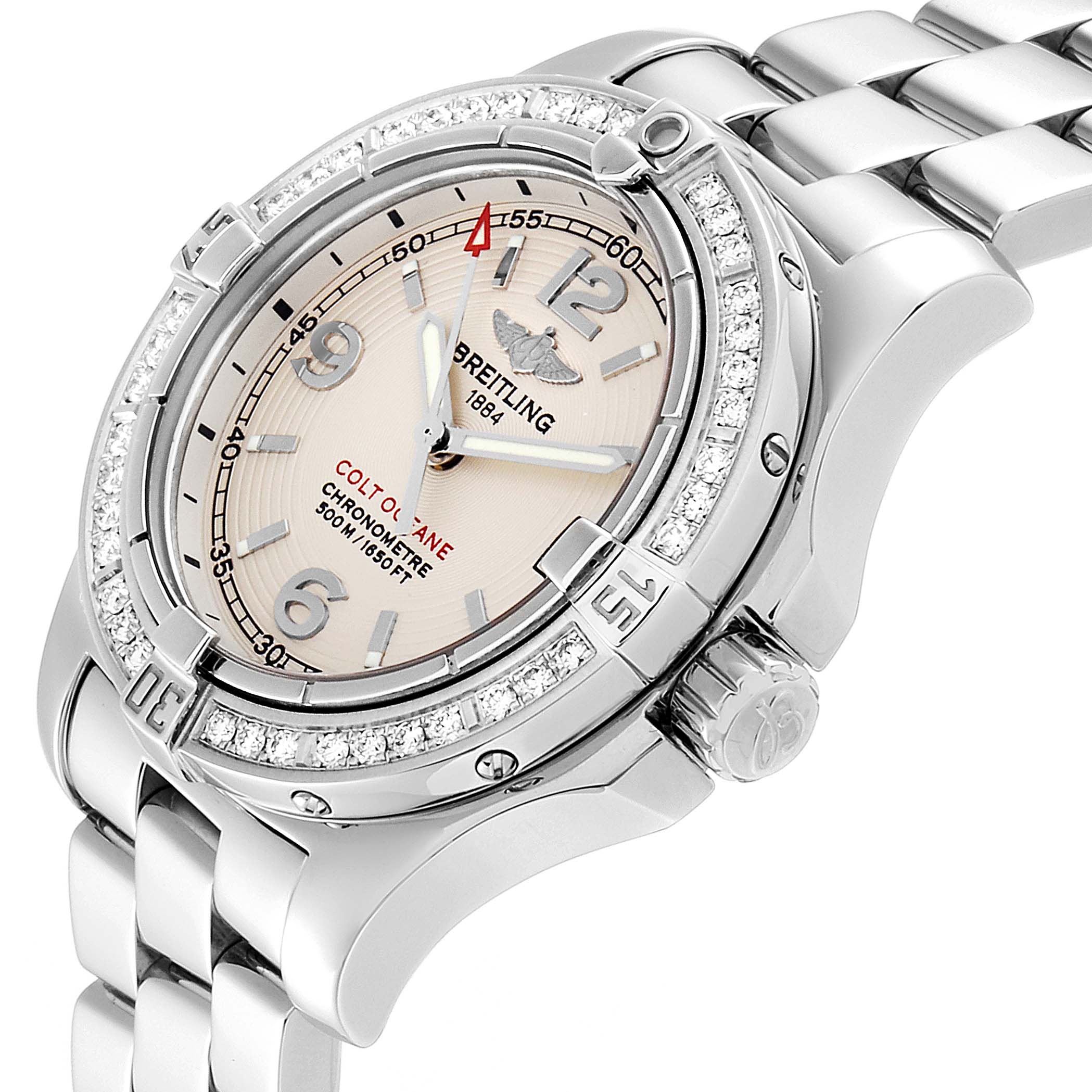 The image shows a detailed, angled view of the Breitling A77380 Women
s Stainless Steel Silver Dial A77380 Women
s Stainless Steel Silver Dial Colt Oceane Stainless Steel Diamond Ladies Watch A77380, focusing on the face, bezel, and bracelet.