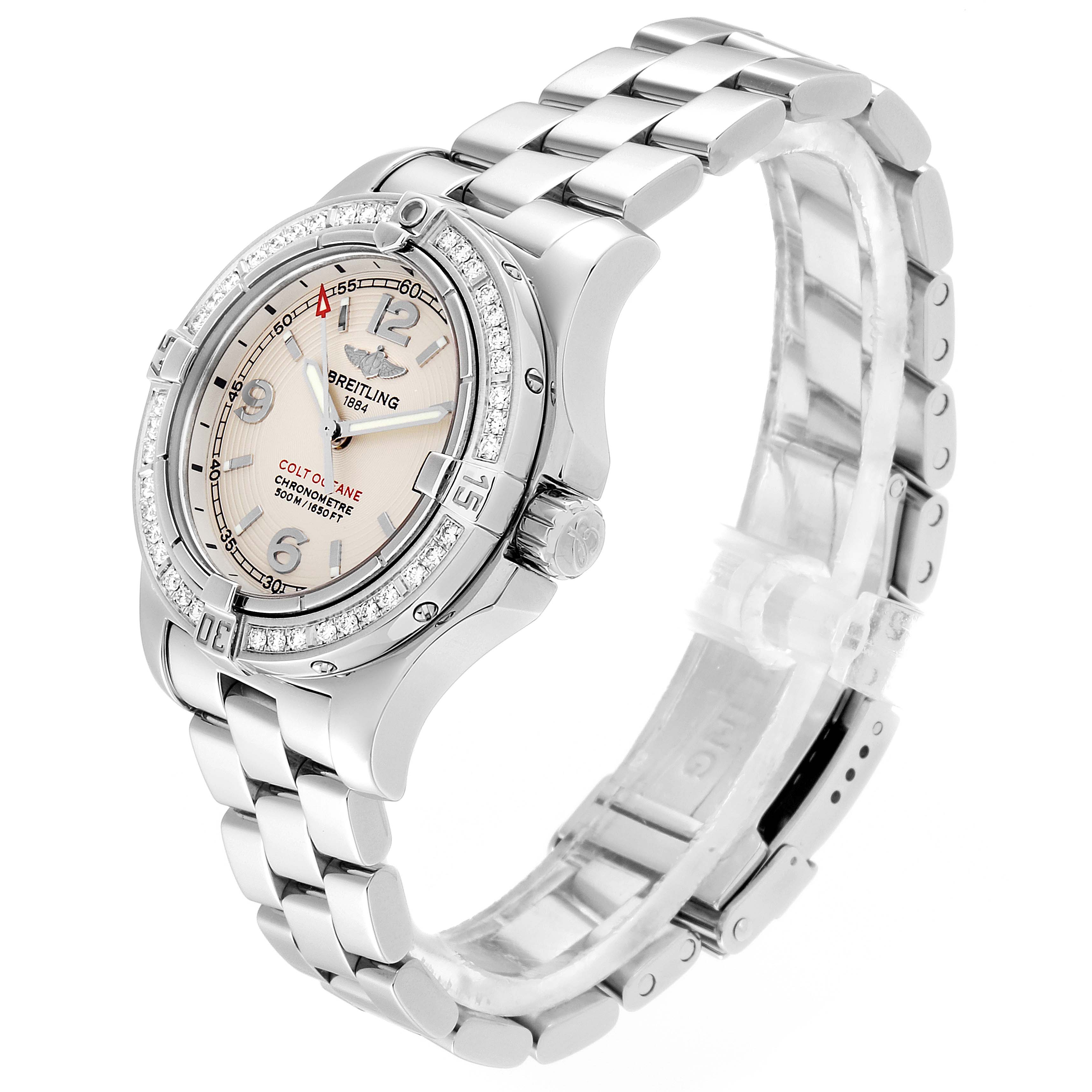 The image shows a side angle of the Breitling A77380 Women
s Stainless Steel Silver Dial A77380 Women
s Stainless Steel Silver Dial Colt Oceane Stainless Steel Diamond Ladies Watch A77380, highlighting the dial and bracelet.