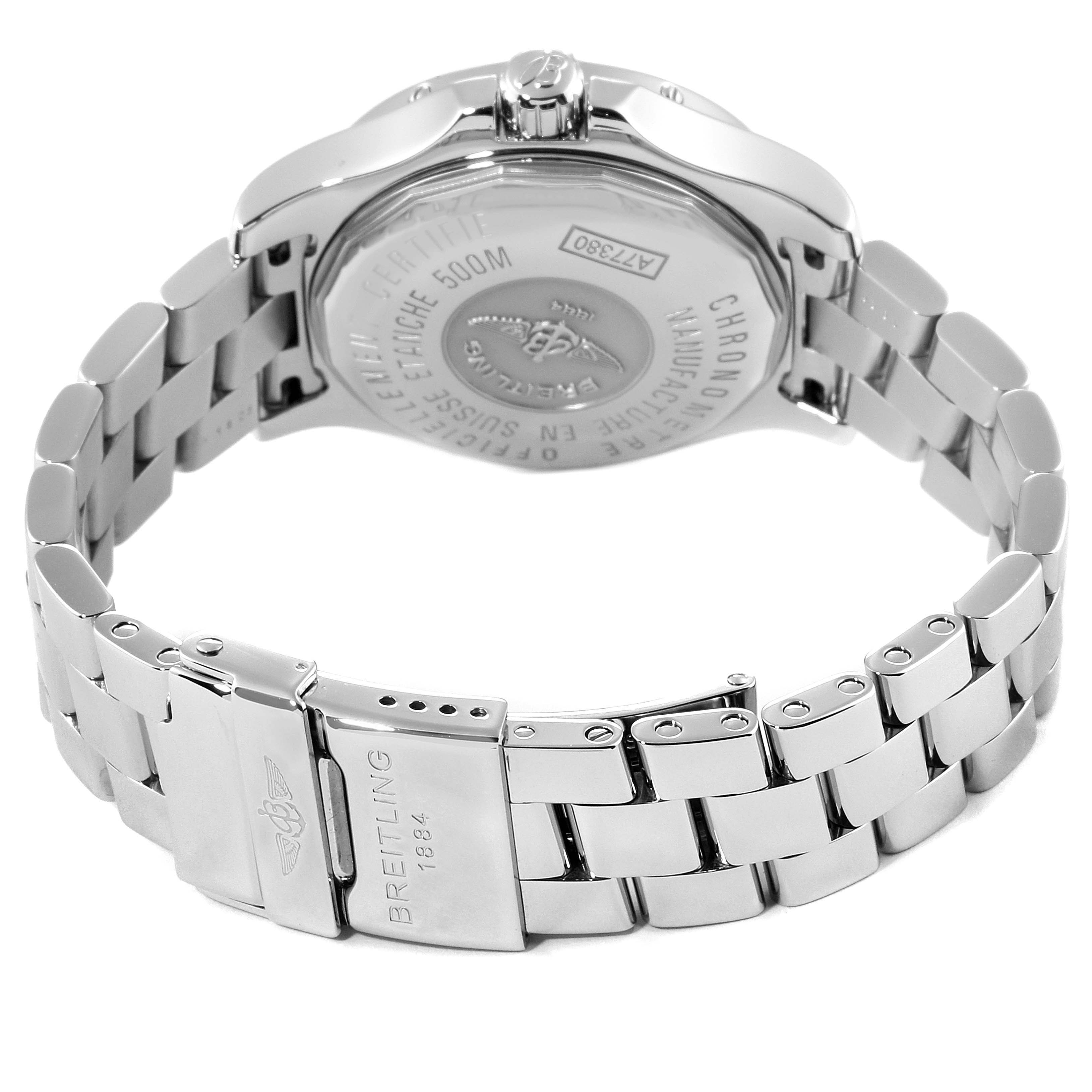 The image shows the back and clasp of the Breitling A77380 Women
s Stainless Steel Silver Dial A77380 Women
s Stainless Steel Silver Dial Colt Oceane Stainless Steel Diamond Ladies Watch A77380.