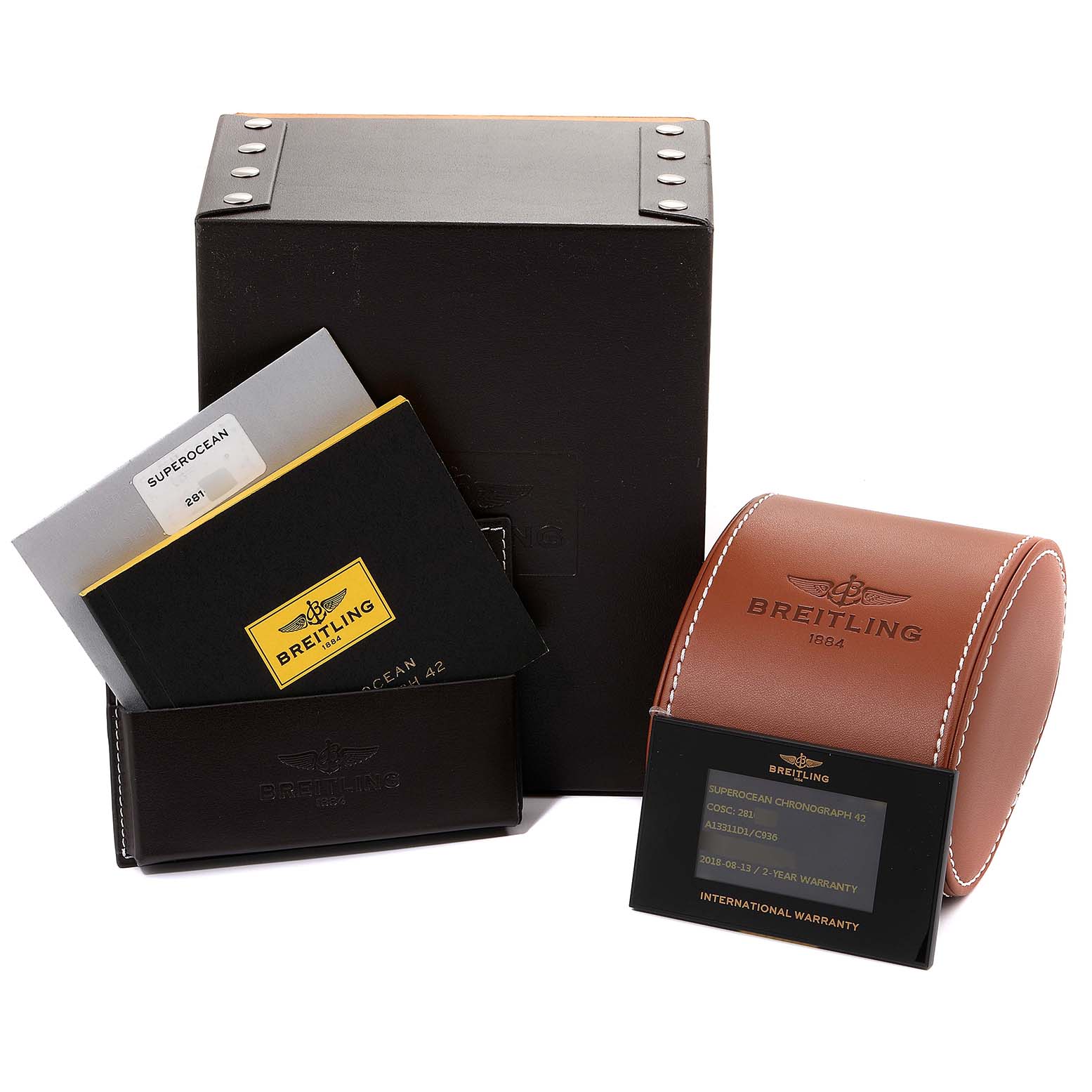 The image shows packaging, manuals, a leather watch case, and warranty card for a Breitling Superocean A13311 Men's Stainless Steel Blue Dial A13311 Men's Stainless Steel Blue Dial watch.