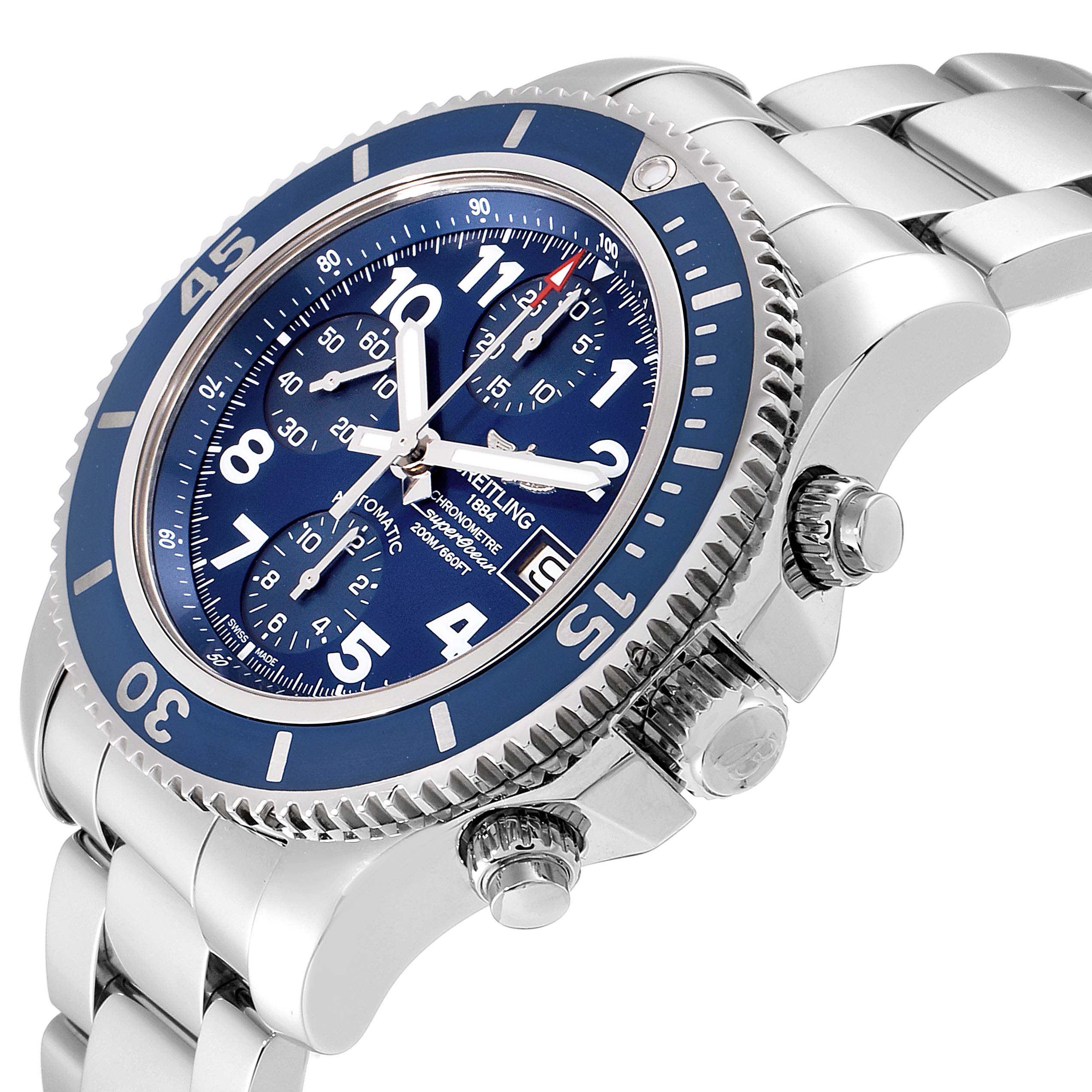 The Breitling Superocean A13311 Men's Stainless Steel Blue Dial A13311 Men's Stainless Steel Blue Dial watch is shown at an angle, highlighting the blue dial, bezel, crown, pushers, and stainless steel bracelet.