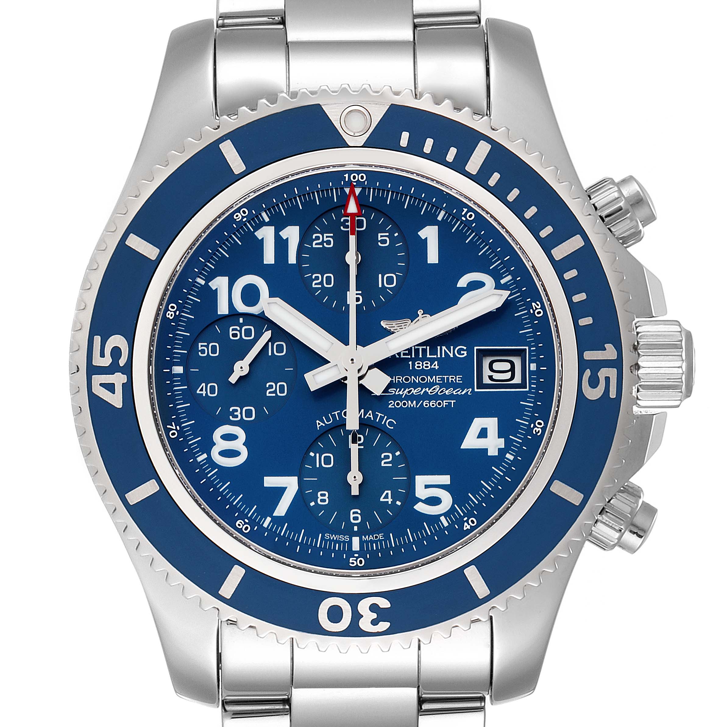 The image shows a frontal view of the Breitling Superocean A13311 Men's Stainless Steel Blue Dial A13311 Men's Stainless Steel Blue Dial watch, showcasing its blue dial, bezel, and silver bracelet.