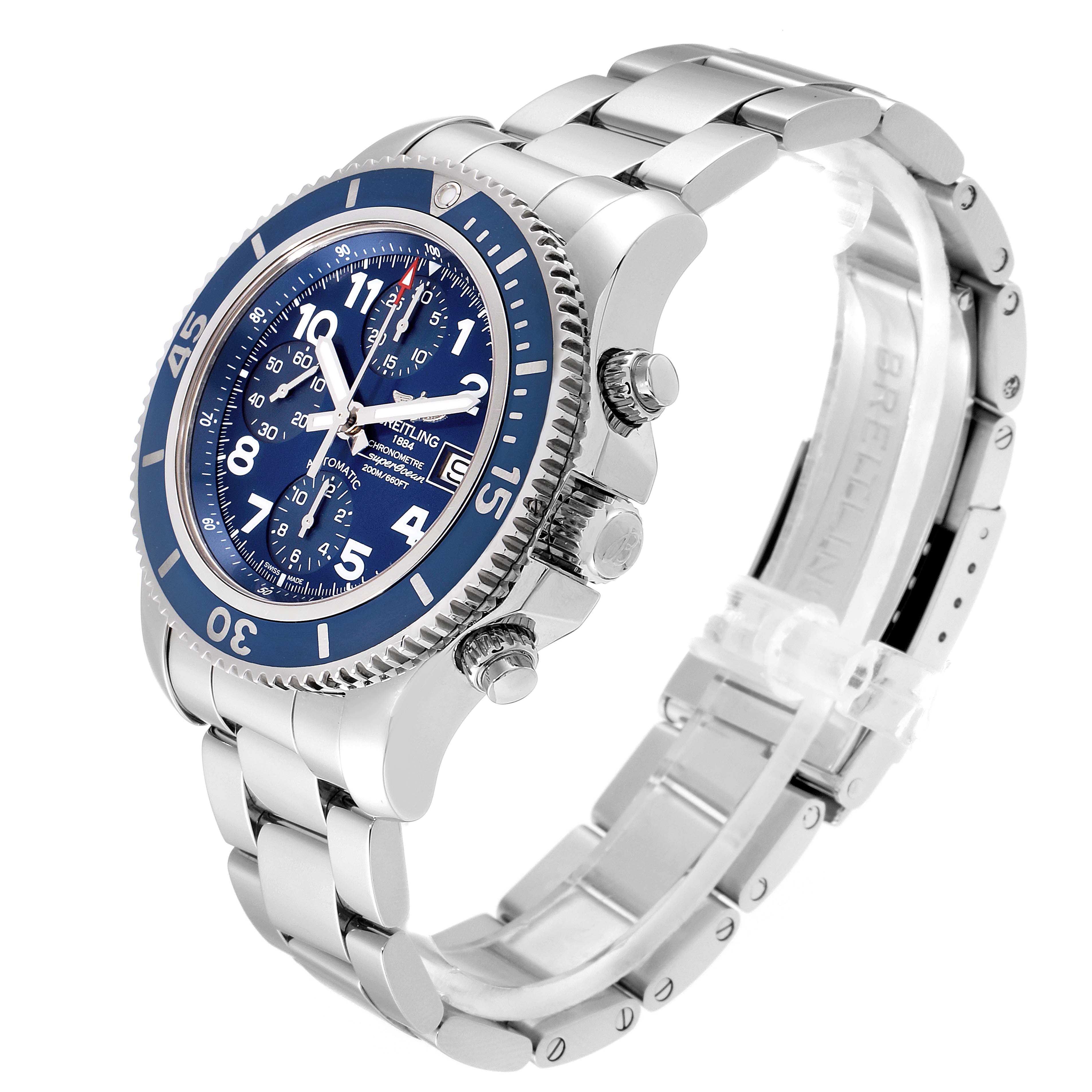 The image shows a Breitling Superocean A13311 Men's Stainless Steel Blue Dial A13311 Men's Stainless Steel Blue Dial watch at an angle highlighting the face, bezel, crown, and part of the bracelet.