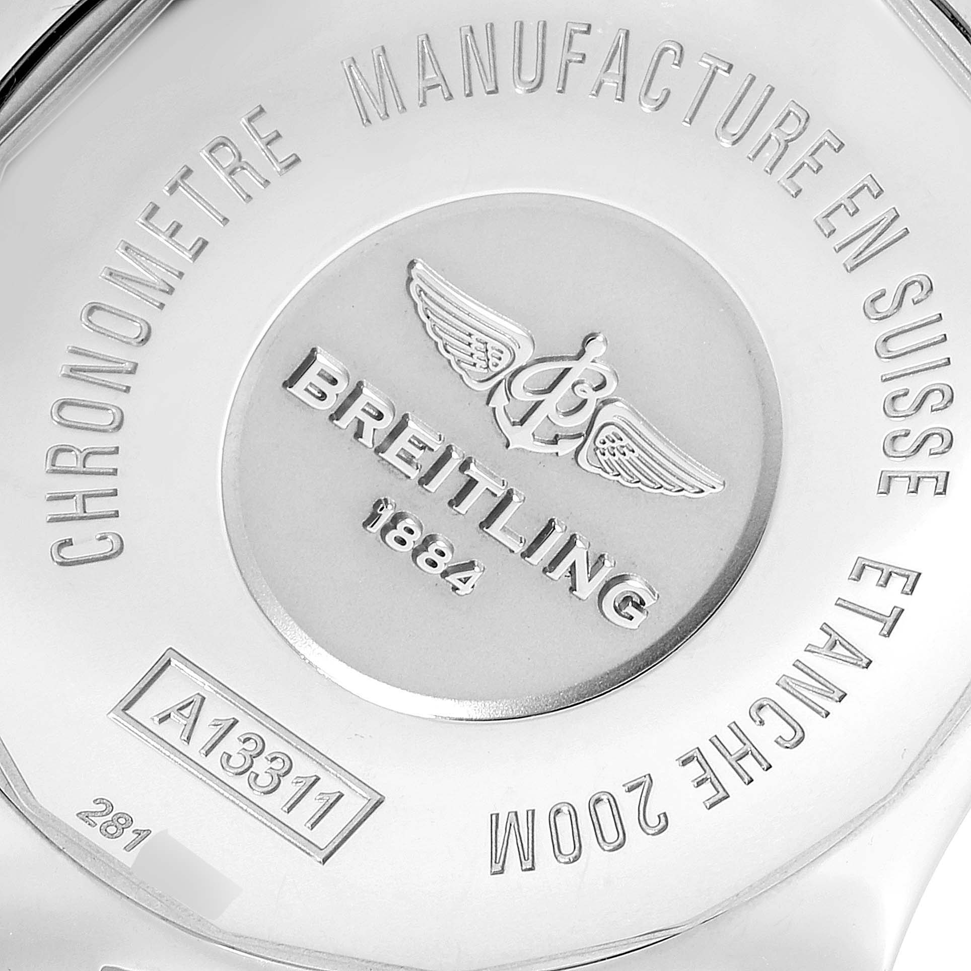 The image shows the back case of a Breitling Superocean A13311 Men's Stainless Steel Blue Dial A13311 Men's Stainless Steel Blue Dial watch, displaying its engravings and model number.