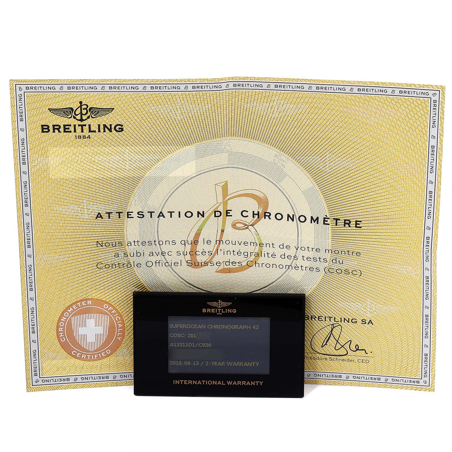 The image shows the certificate and warranty card for the Breitling Superocean A13311 Men's Stainless Steel Blue Dial A13311 Men's Stainless Steel Blue Dial model.