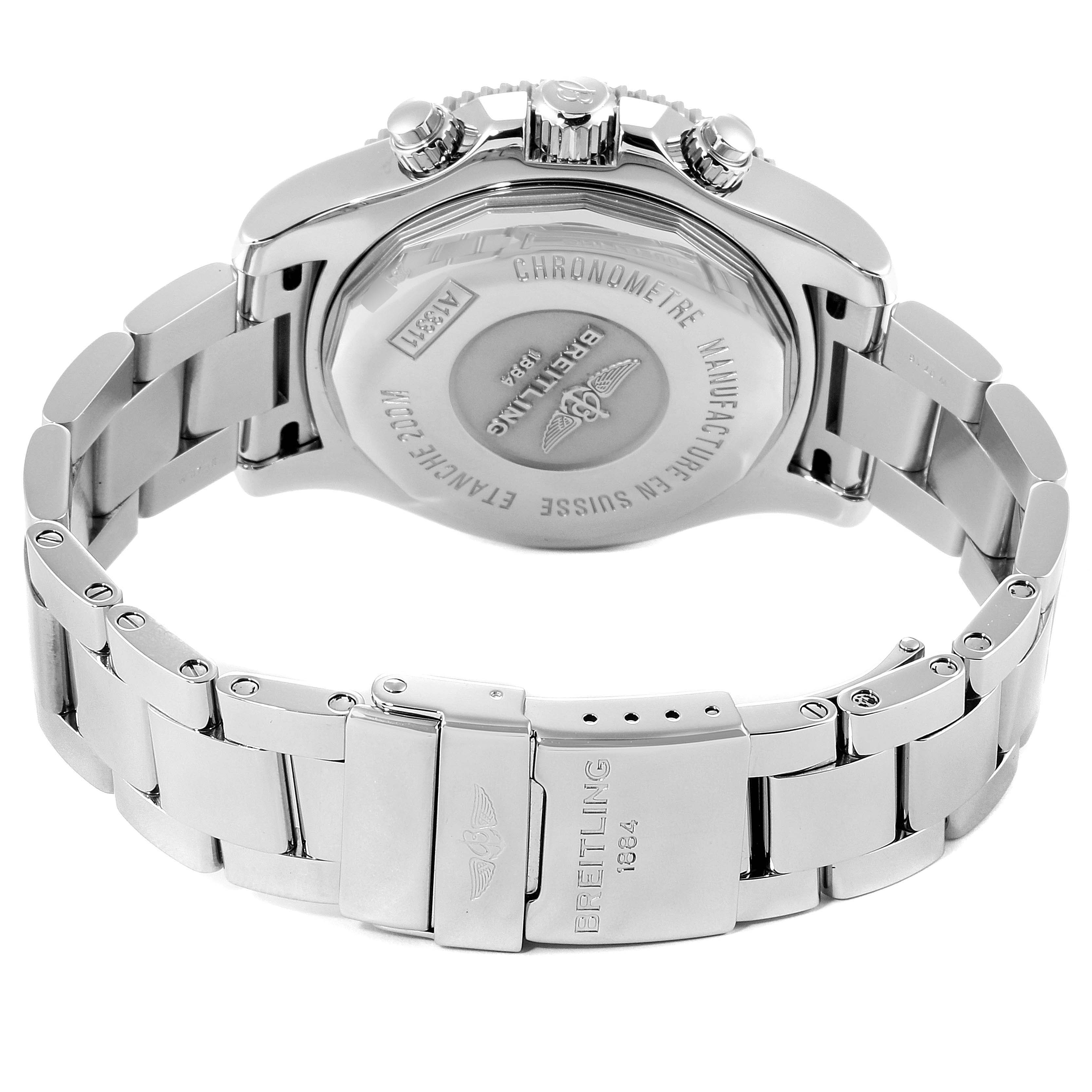 This is a rear view of the Breitling Superocean A13311 Men's Stainless Steel Blue Dial A13311 Men's Stainless Steel Blue Dial watch displaying its clasp, bracelet, case back, and some crown details.