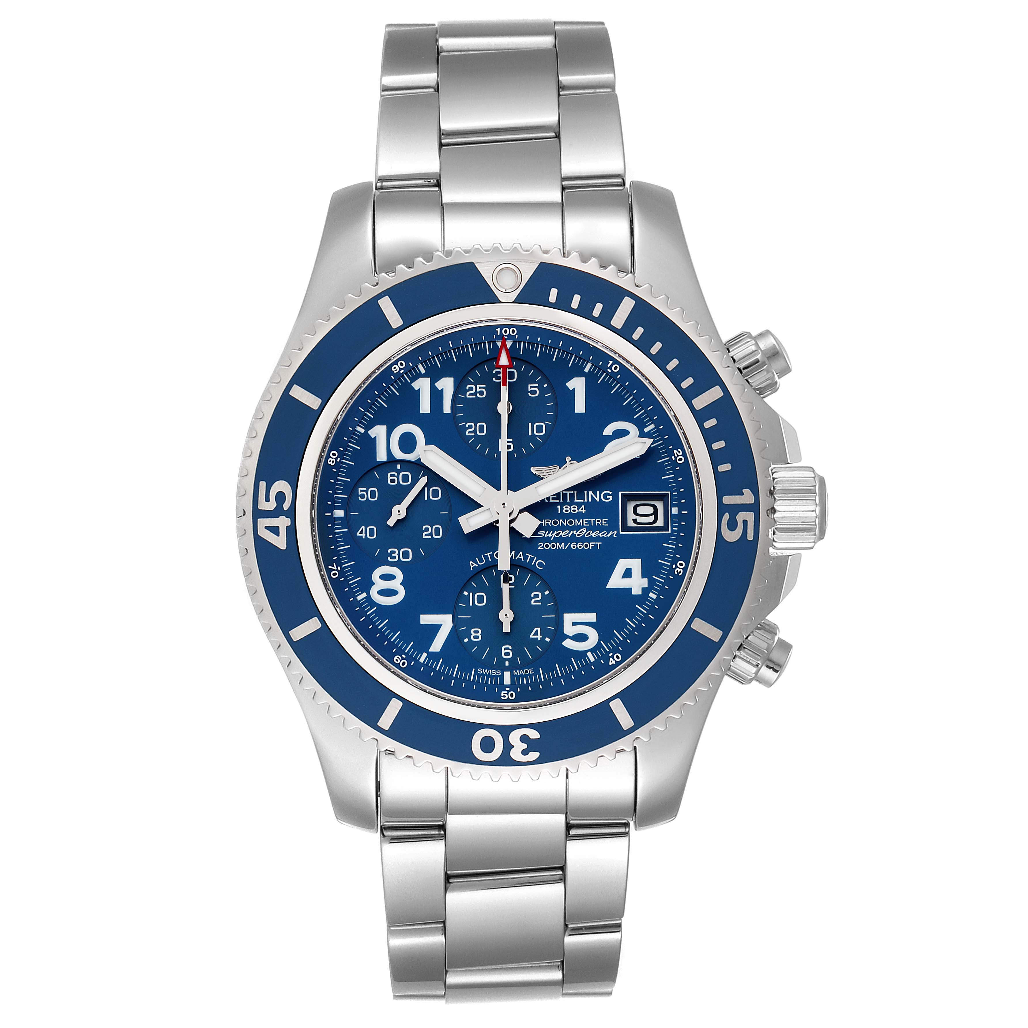 The image shows a front view of a Breitling Superocean A13311 Men's Stainless Steel Blue Dial A13311 Men's Stainless Steel Blue Dial watch, highlighting its blue dial, rotating bezel, and metal bracelet.
