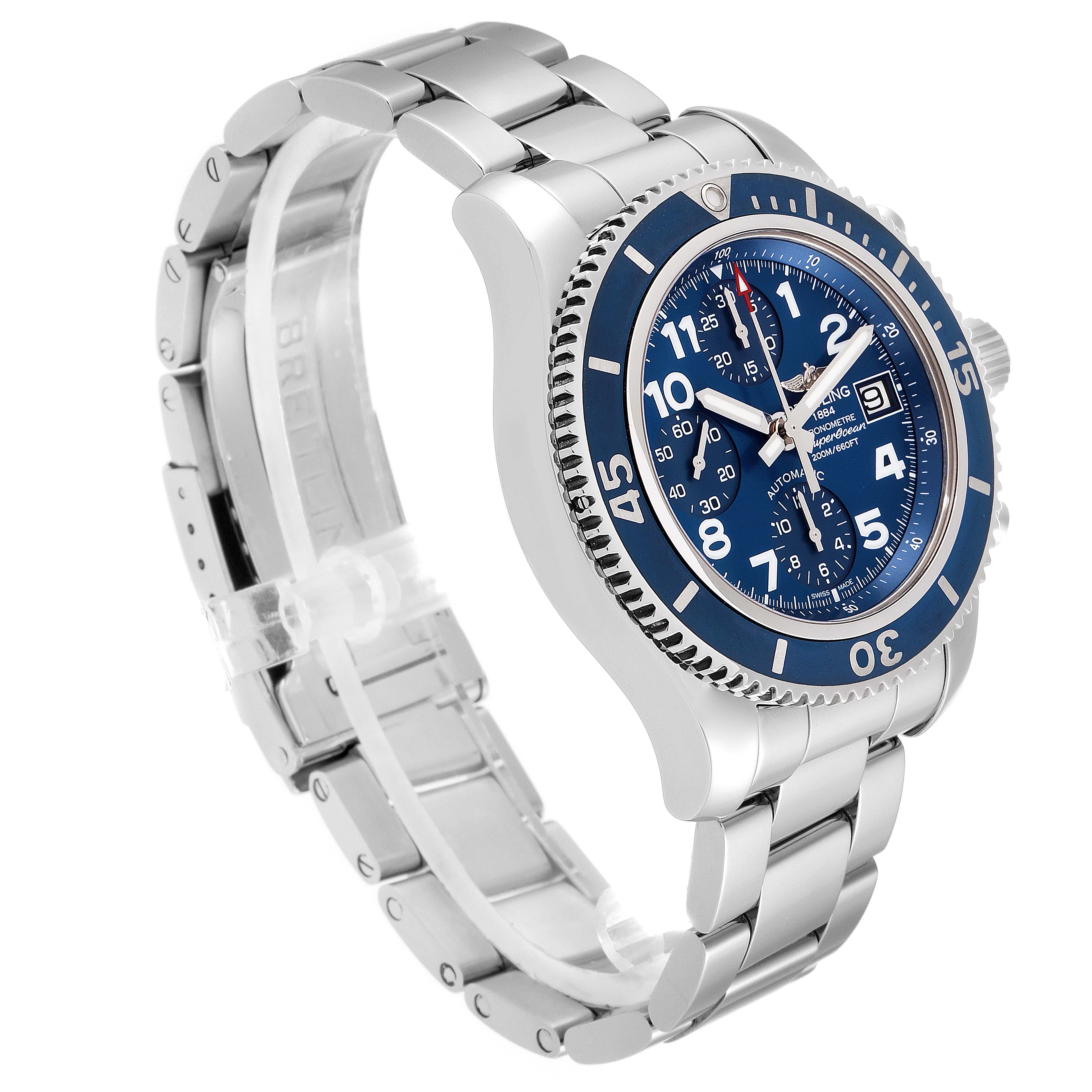 The image shows a side and front angled view of the Breitling Superocean A13311 Men's Stainless Steel Blue Dial A13311 Men's Stainless Steel Blue Dial watch with a metal strap and blue dial.