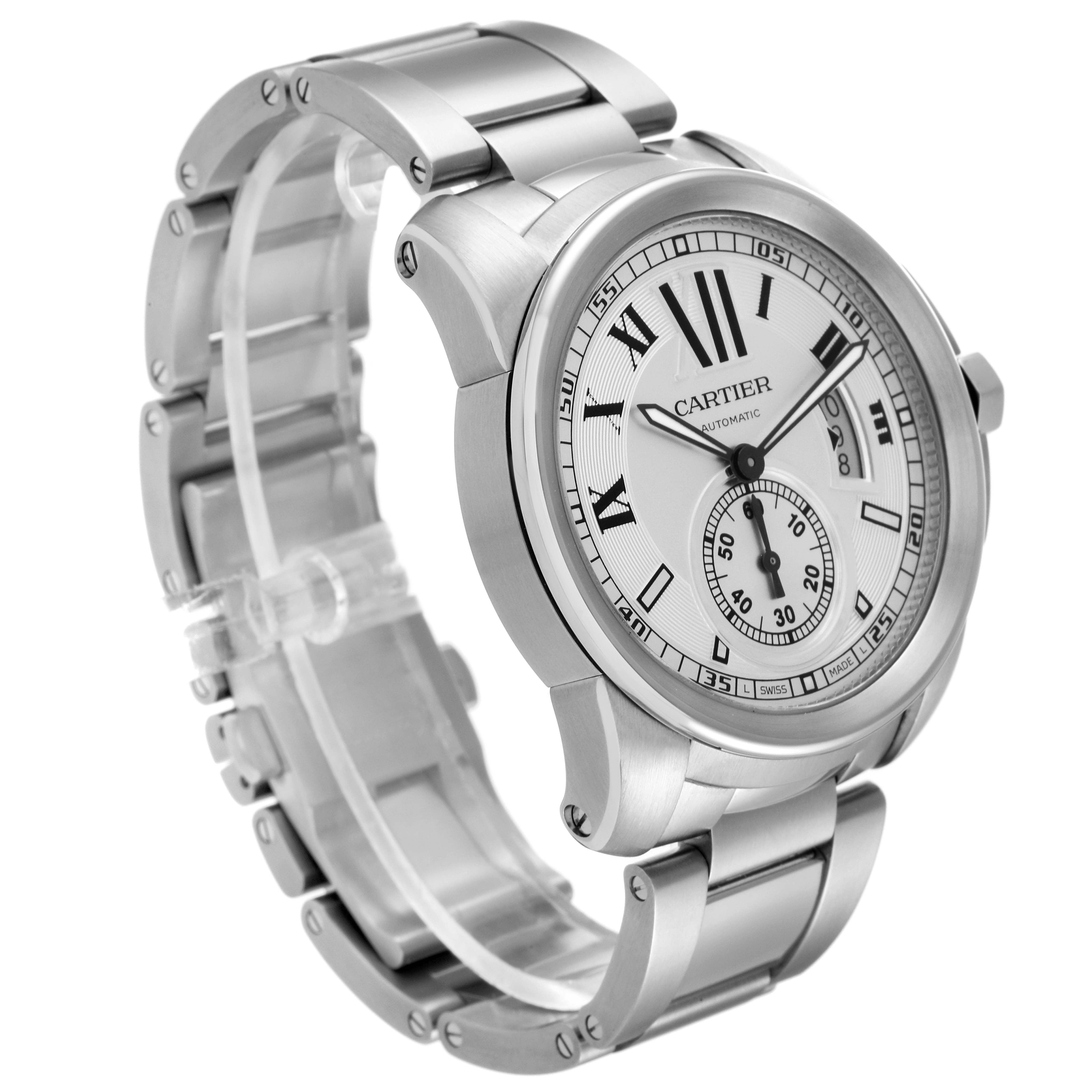 This image shows a Calibre de Cartier watch by Cartier from a front-side angle, displaying the dial, bracelet, and crown.