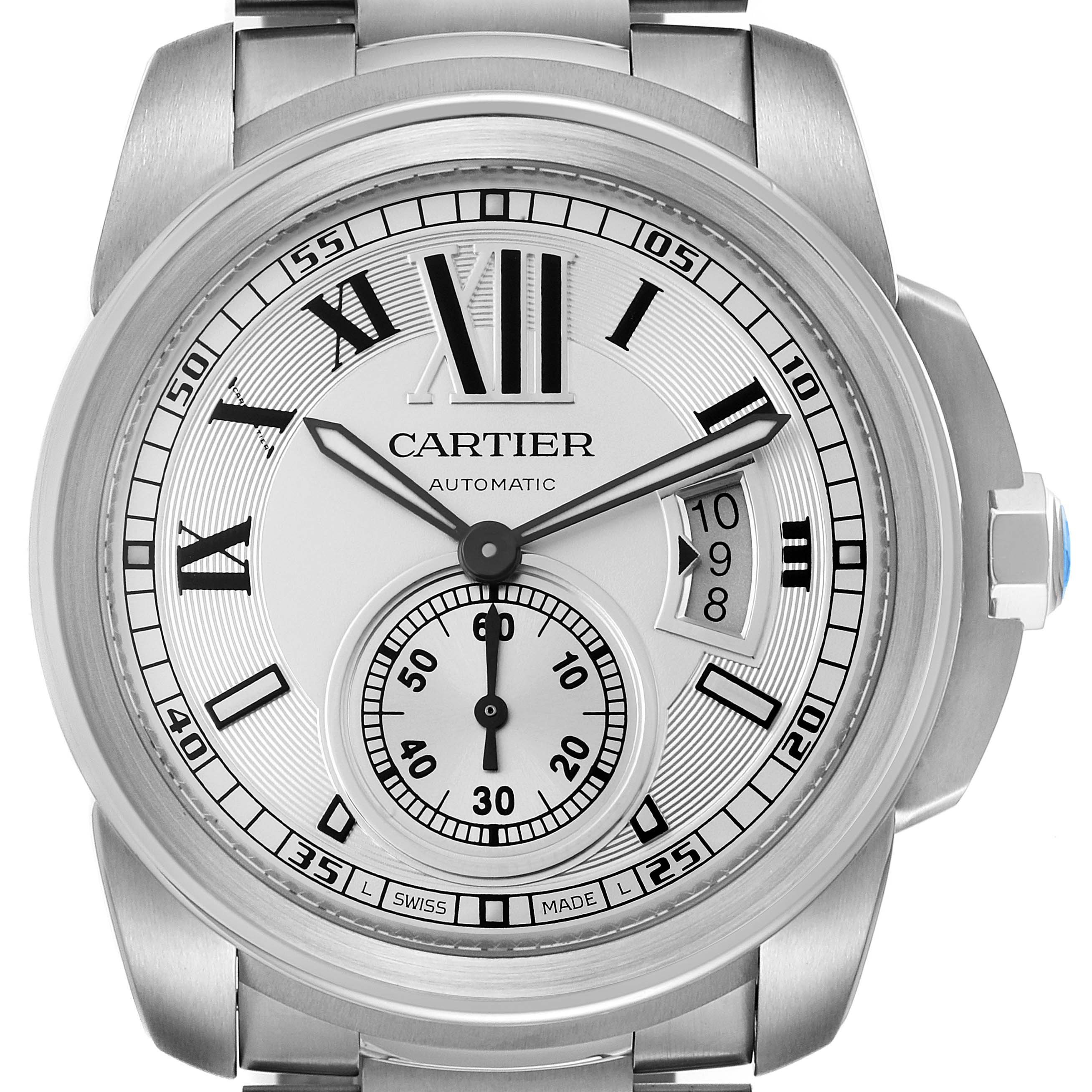 The image shows a frontal view of a Calibre de Cartier watch by Cartier, displaying its dial, hands, and date window.