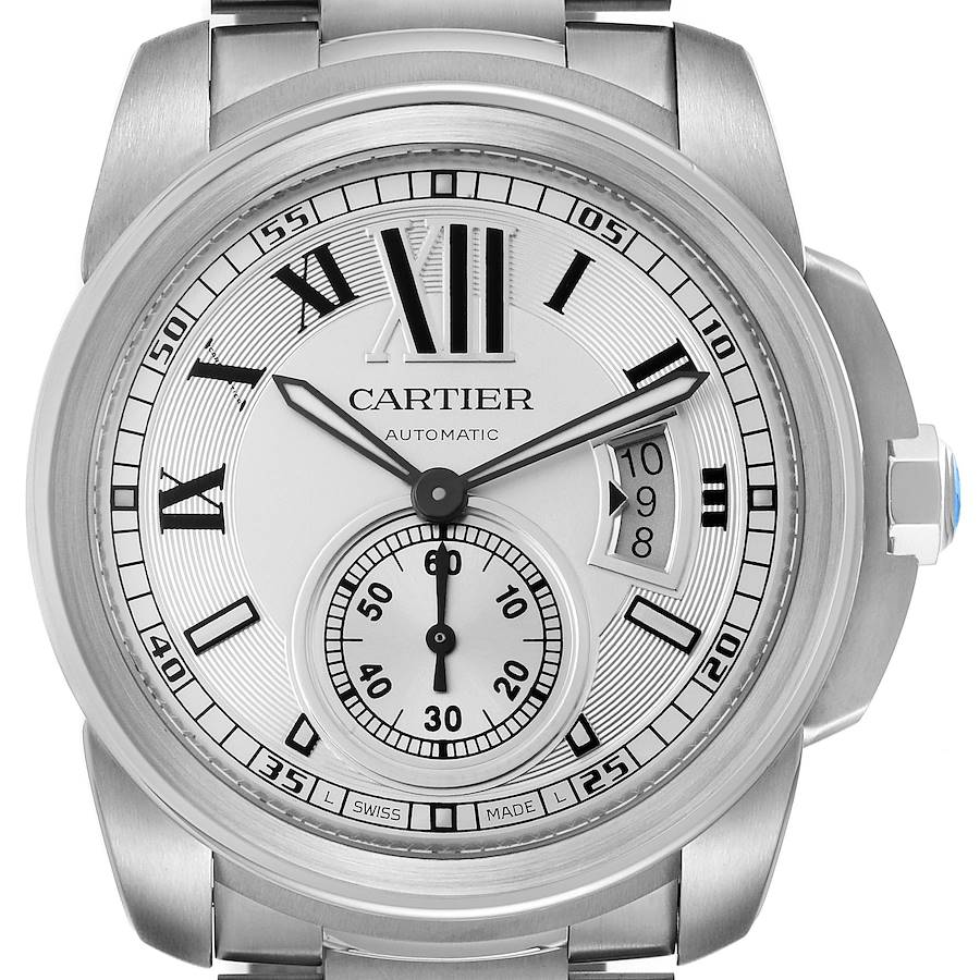 Calibre De Cartier Silver Dial Steel Automatic Mens Watch W7100015 Box Papers SwissWatchExpo