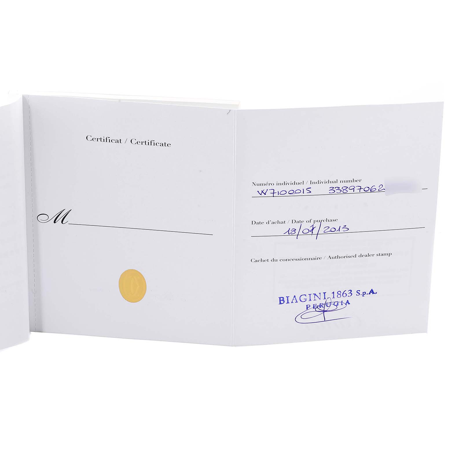 The image shows an open certificate booklet for the Calibre de Cartier watch by Cartier.