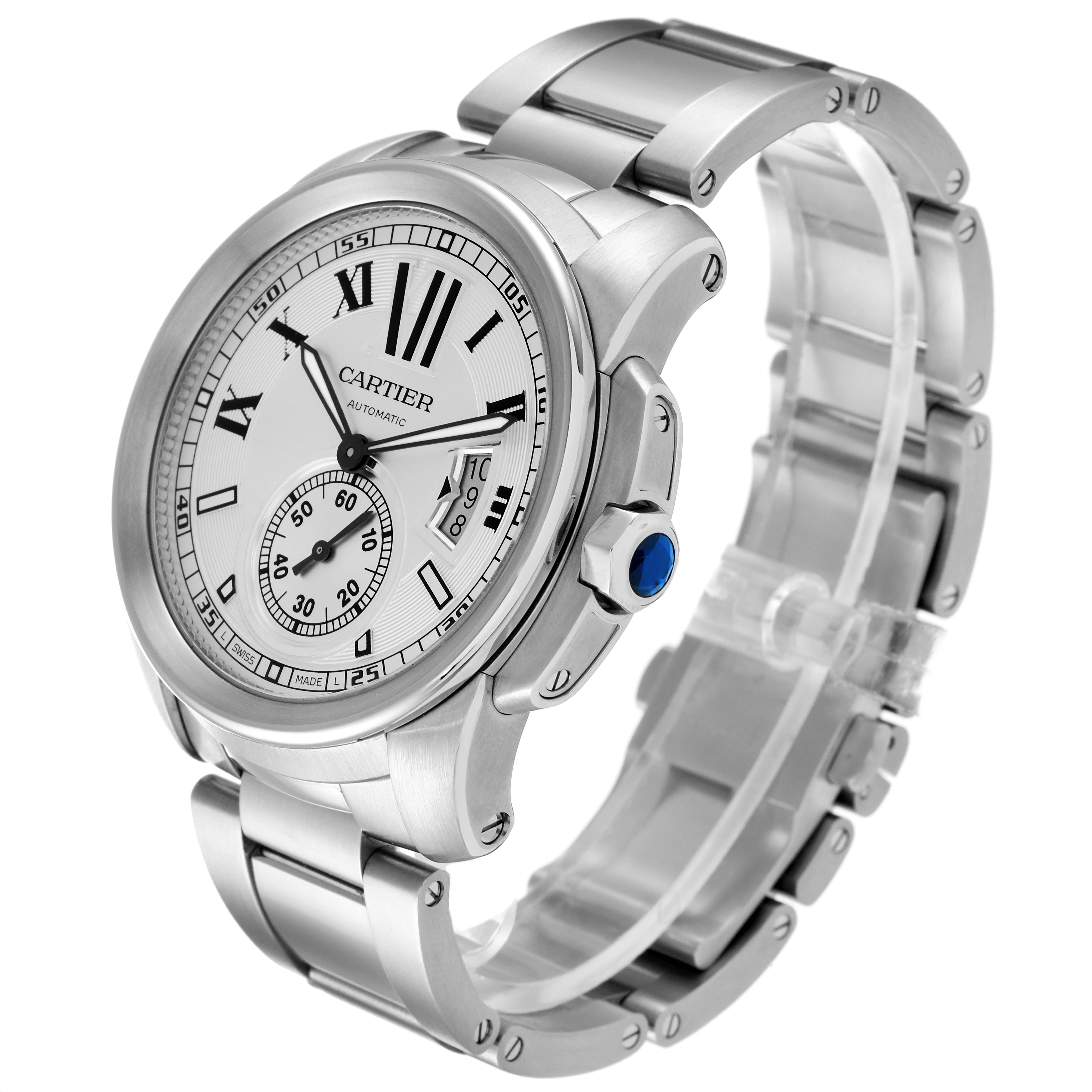 The image shows a side angle view of the Calibre de Cartier watch by Cartier, highlighting its face, crown, and bracelet.